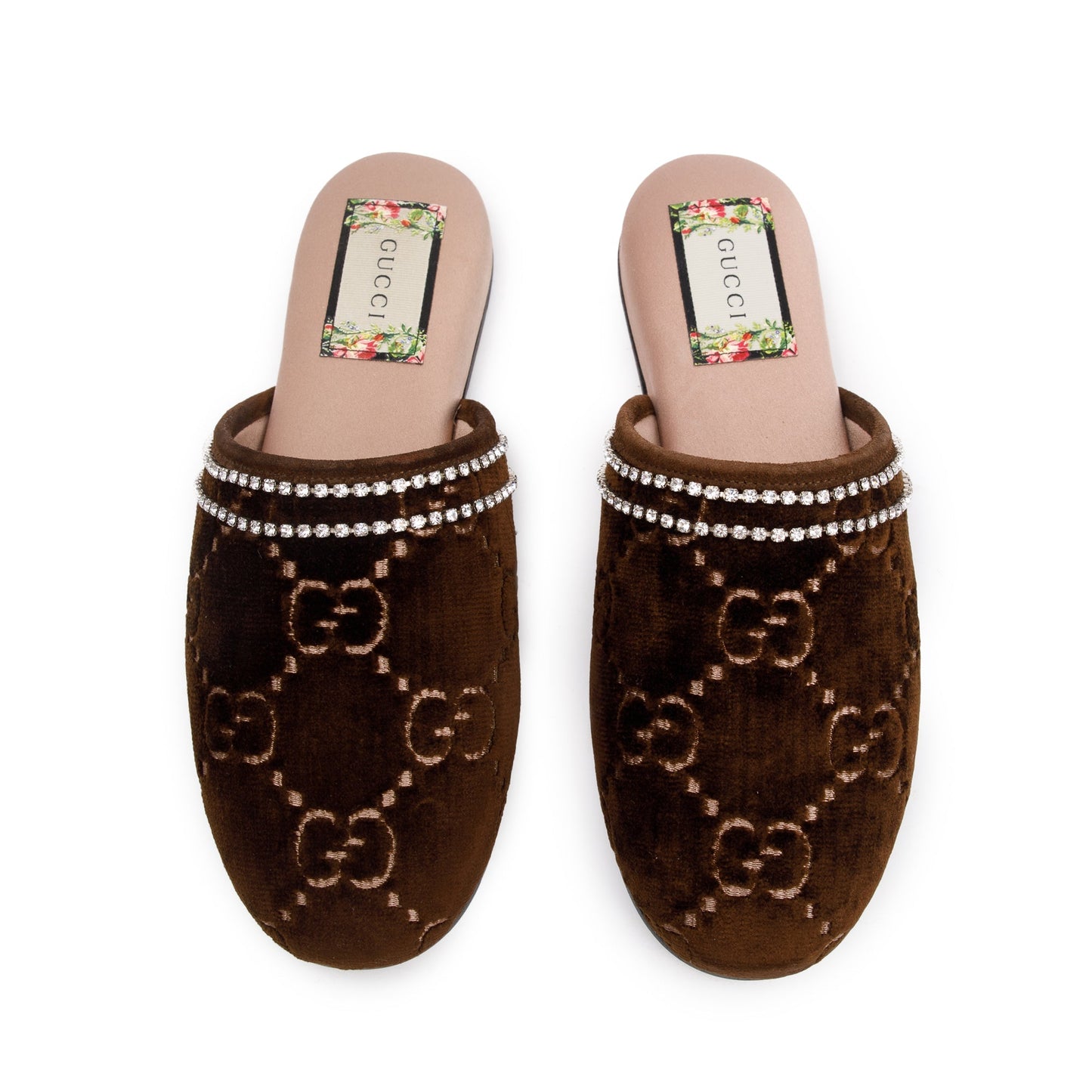 Gucci Brown GG Velvet Crystal Mules, Size 36