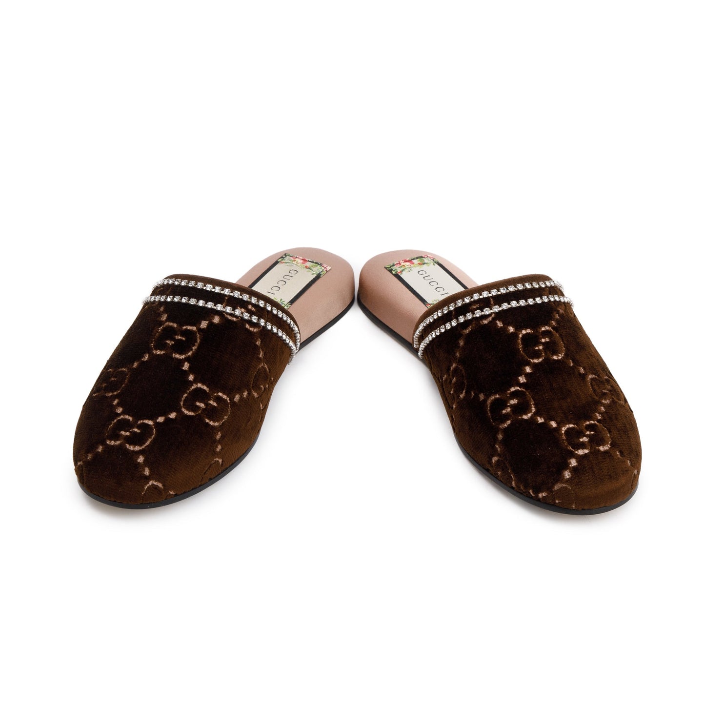 Gucci Brown GG Velvet Crystal Mules, Size 36