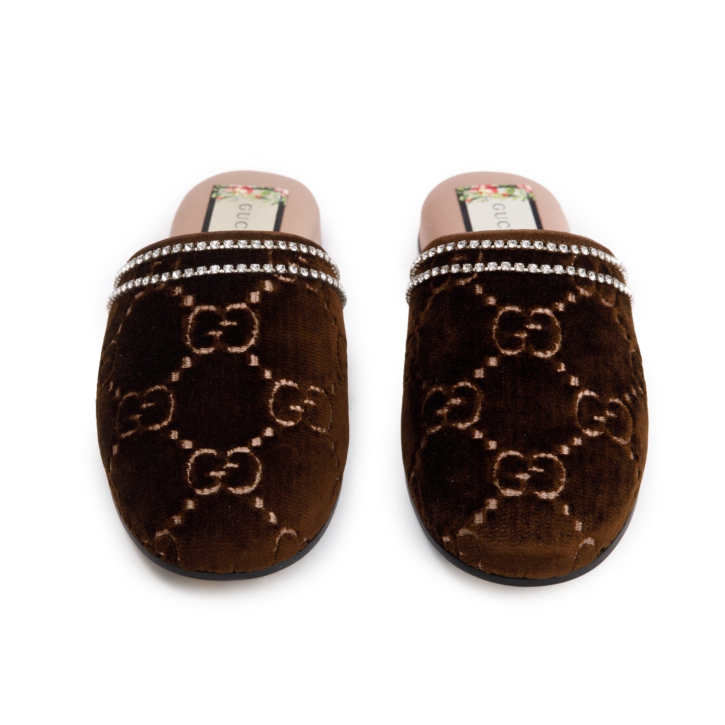 Gucci Brown GG Velvet Crystal Mules, Size 36