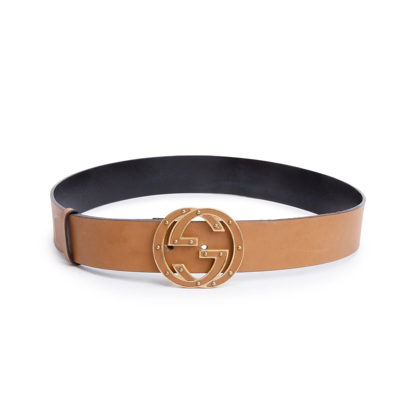 Gucci Brown Leather Studded Interlocking G Buckle Belt, 85 34
