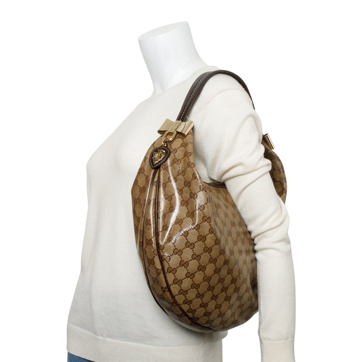 Gucci Brown Leather Trim GG Crystal Duchessa Hobo Bag