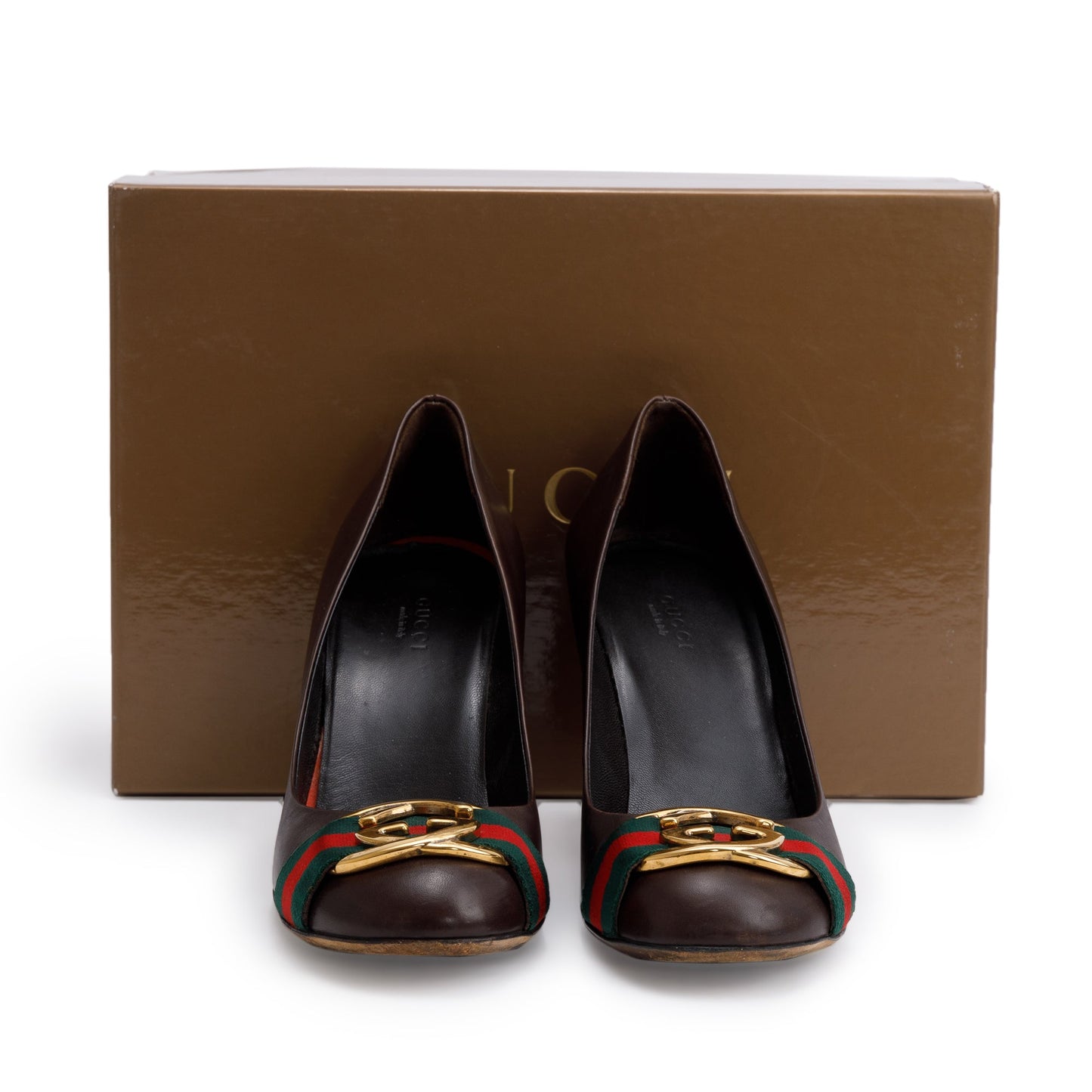 Gucci Brown Leather Web Interlocking G Pumps, Size 37.5