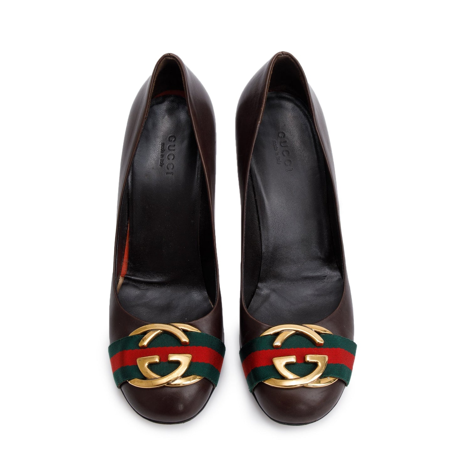 Gucci Brown Leather Web Interlocking G Pumps, Size 37.5