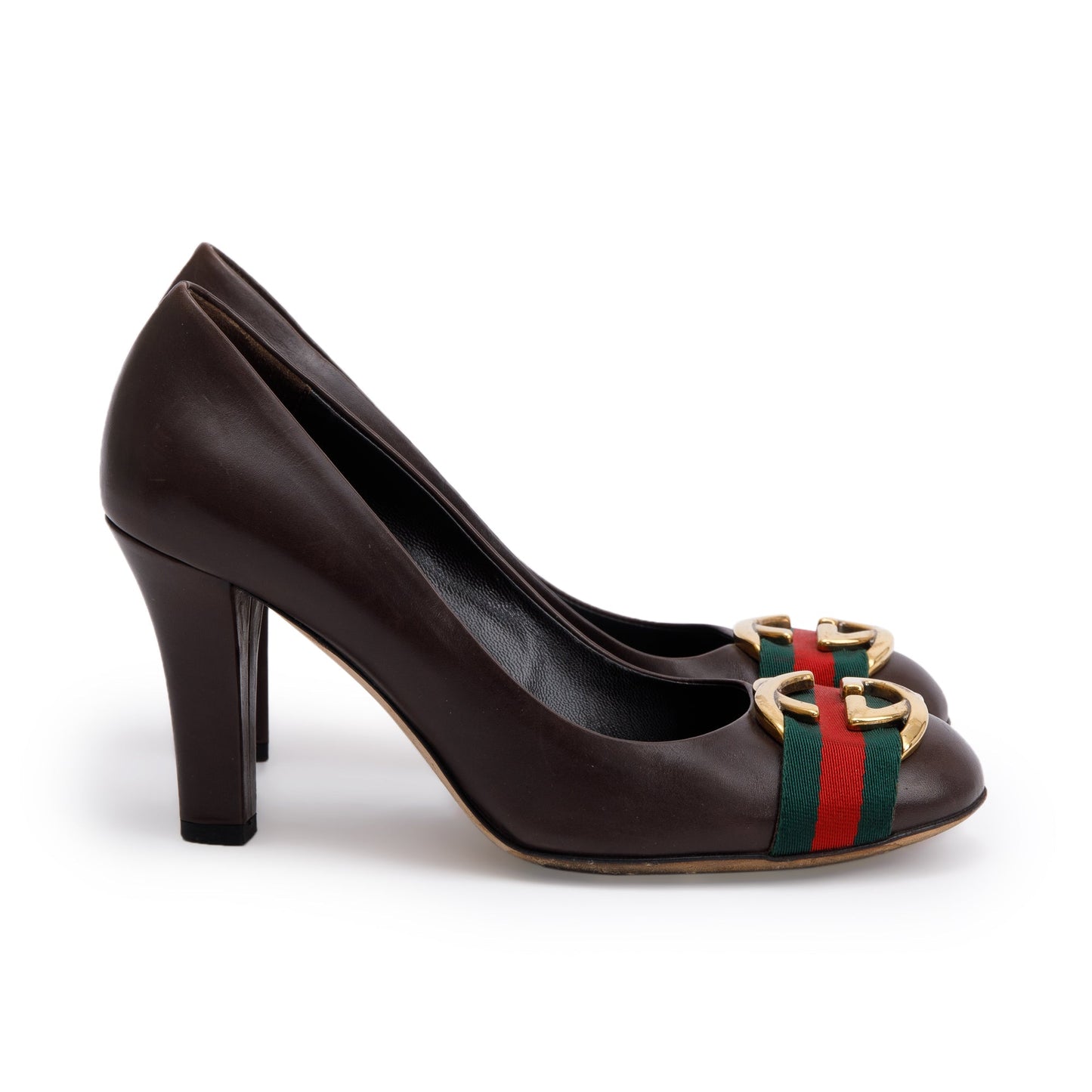 Gucci Brown Leather Web Interlocking G Pumps, Size 37.5