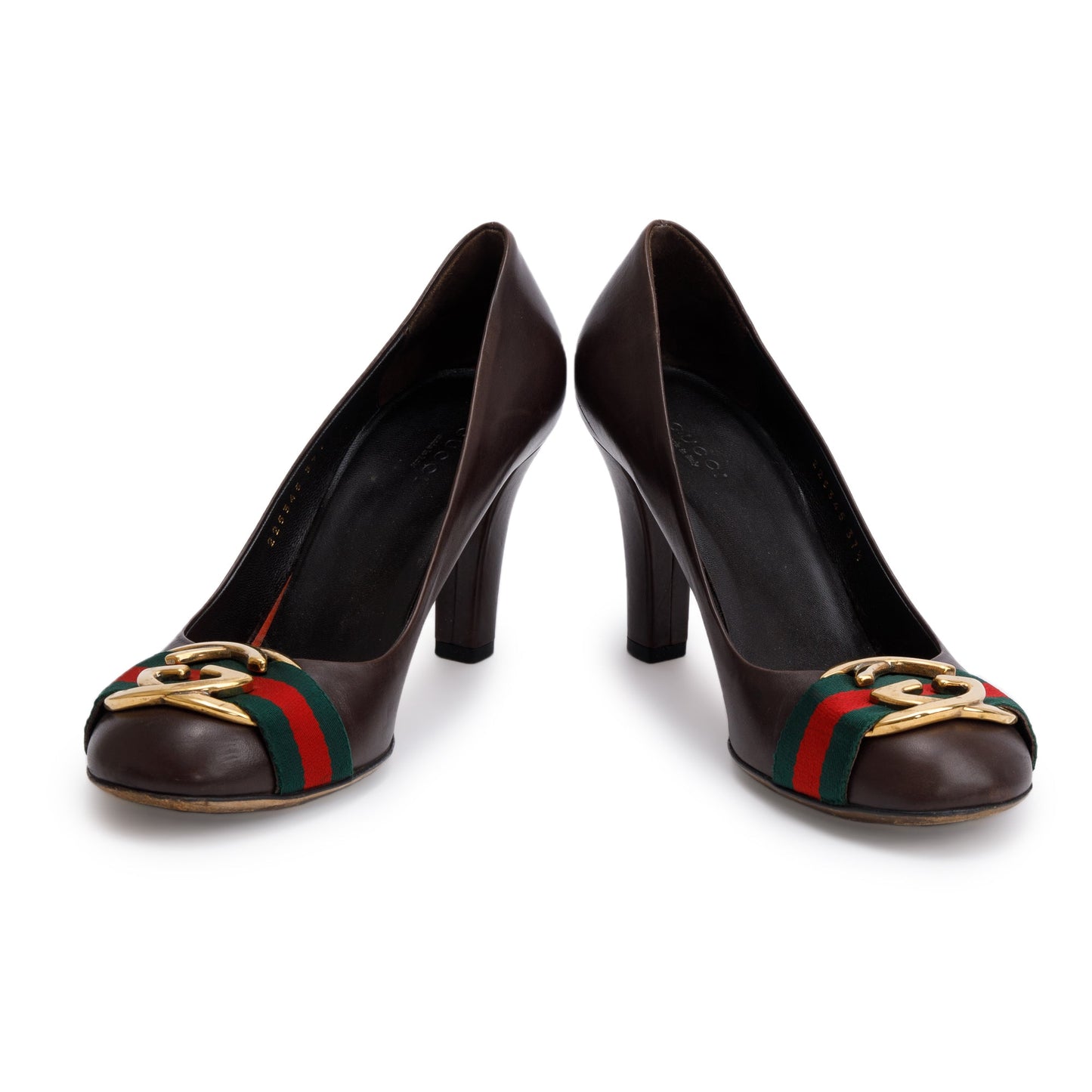 Gucci Brown Leather Web Interlocking G Pumps, Size 37.5