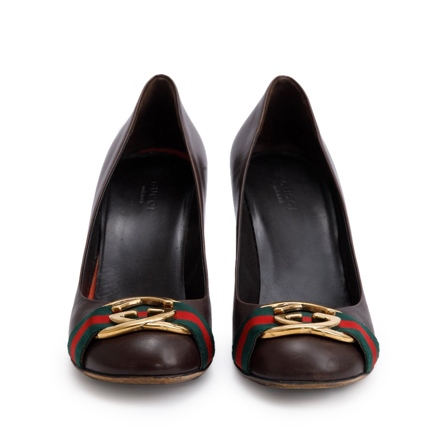 Gucci Brown Leather Web Interlocking G Pumps, Size 37.5