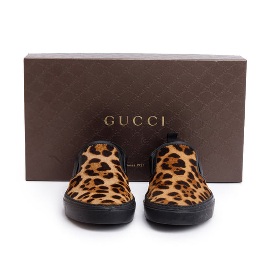 Gucci Brown Pony Hair Leopard Print Slip On Shoes, Size 5.5
