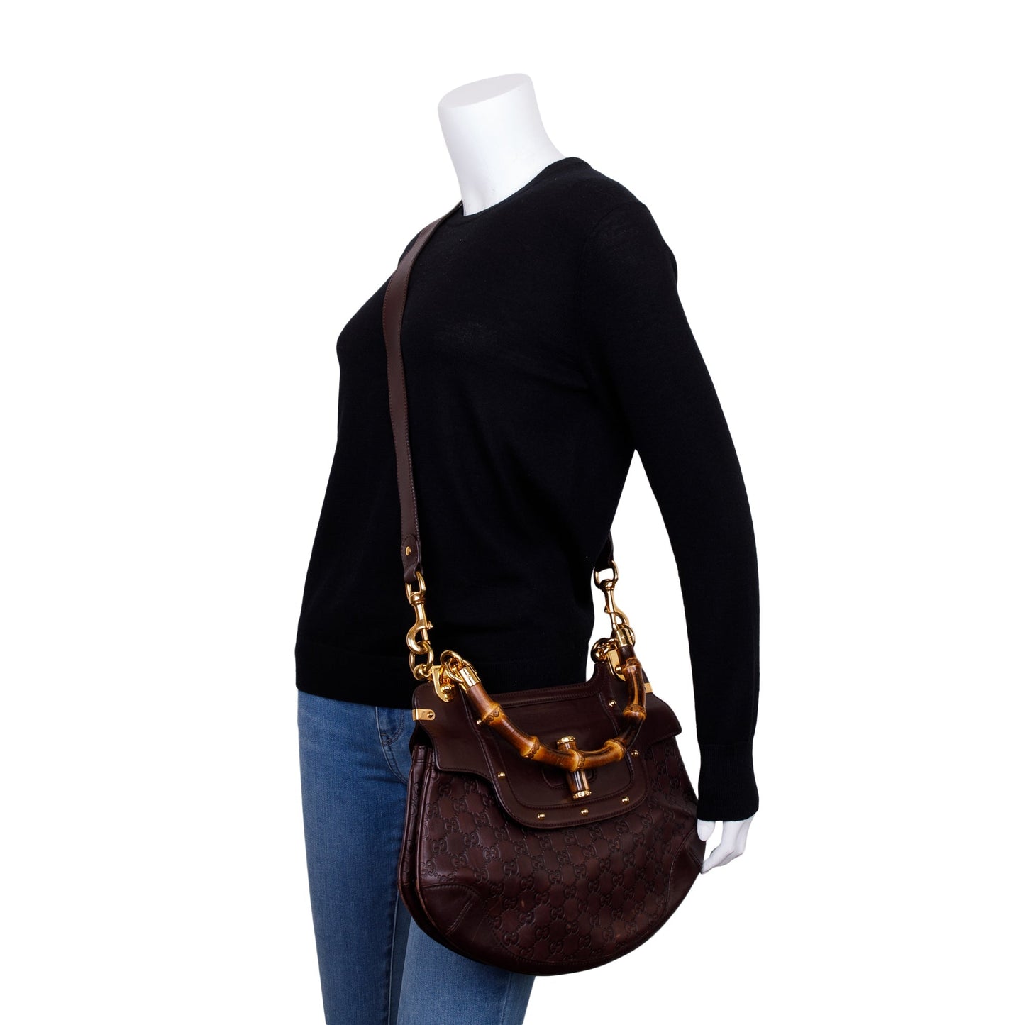 Gucci Brown Signature Leather  Peggy Bamboo Top Handle Bag