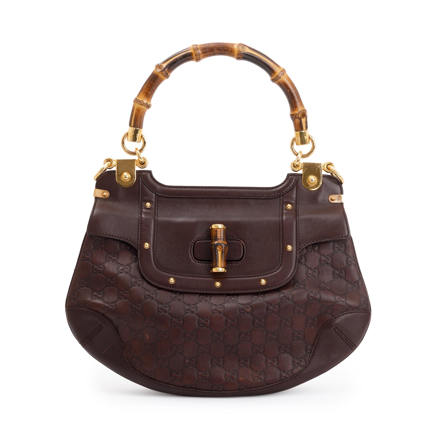 Gucci Brown Signature Leather  Peggy Bamboo Top Handle Bag