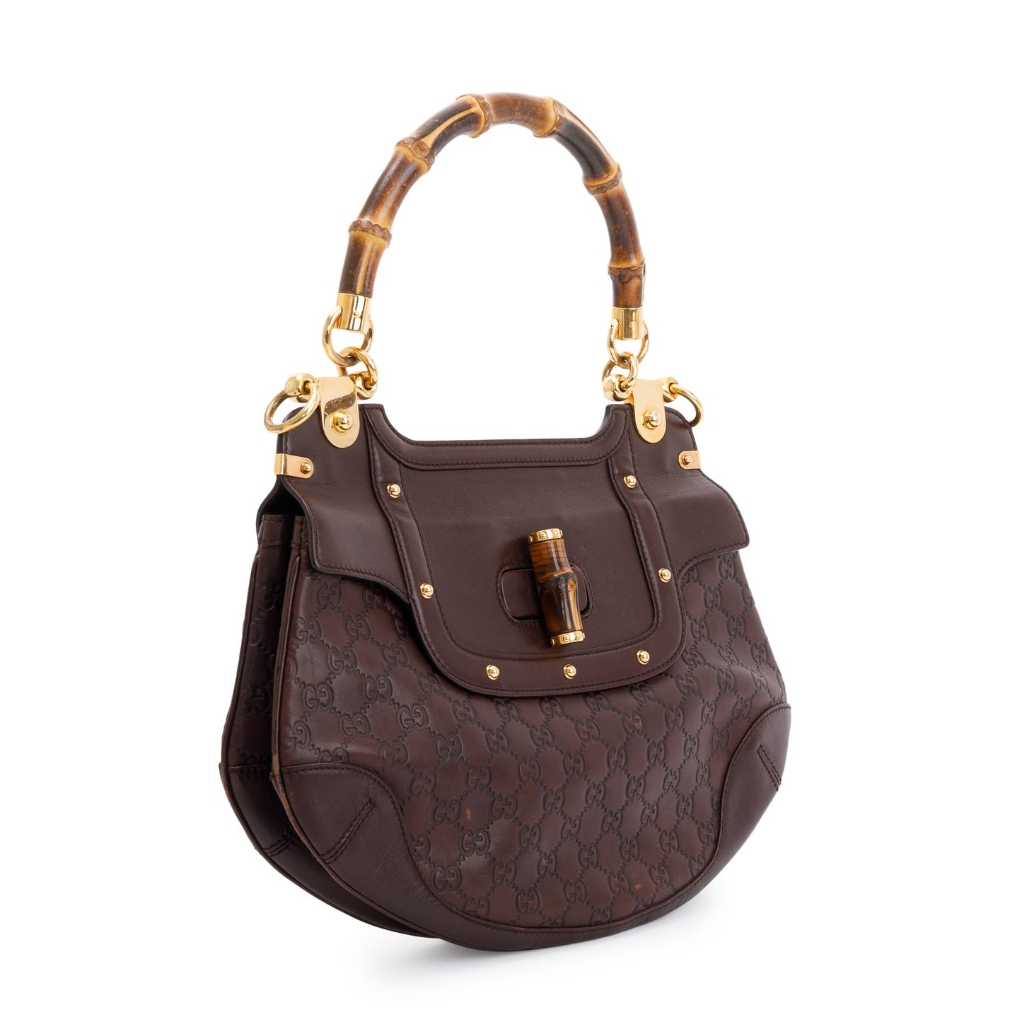 Gucci Brown Signature Leather  Peggy Bamboo Top Handle Bag