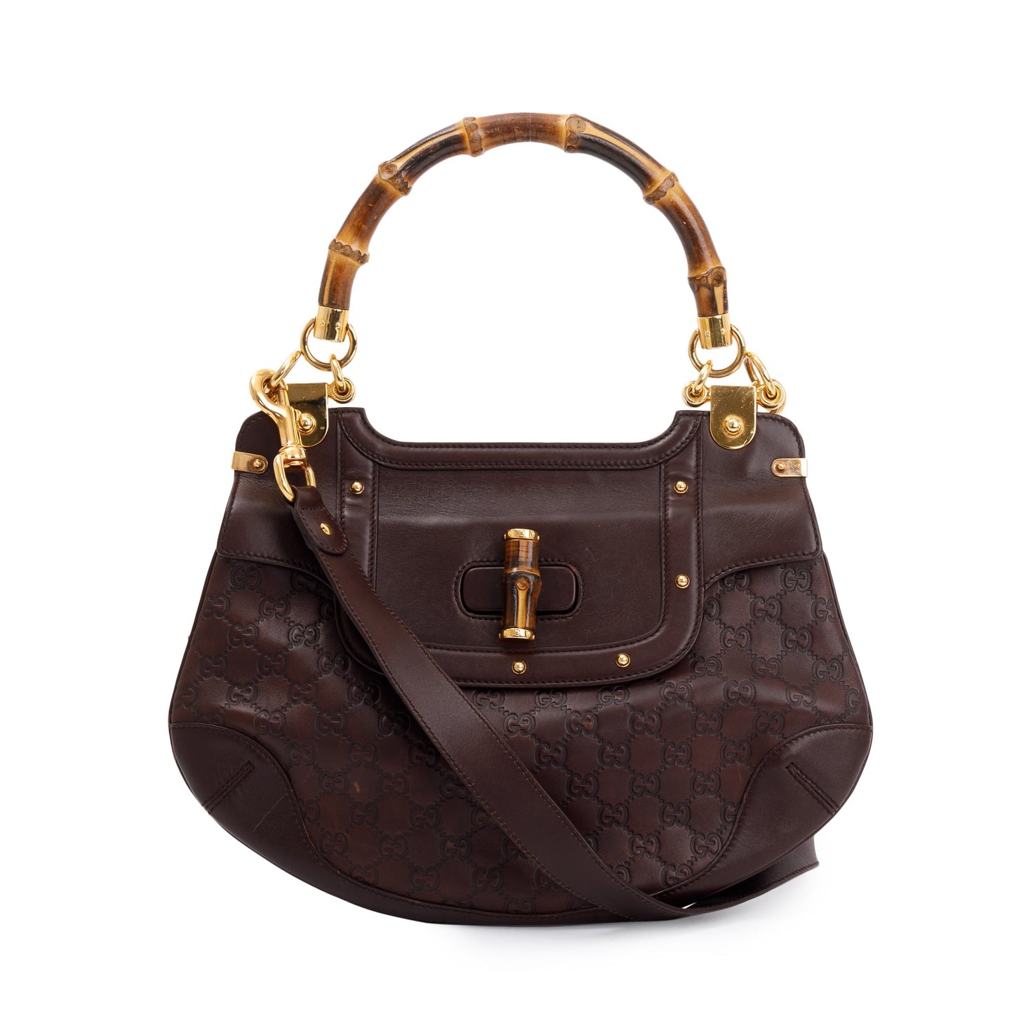 Gucci Brown Signature Leather  Peggy Bamboo Top Handle Bag