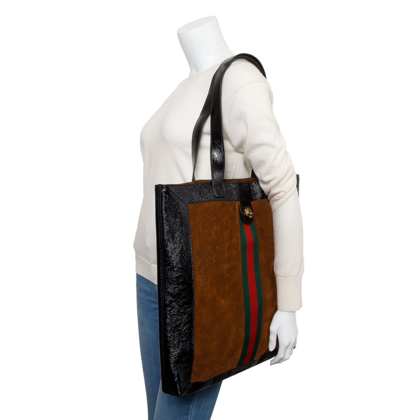 Gucci Brown Suede Black Patent Leather Trim Web Large Soft Ophidia Vertical Tote