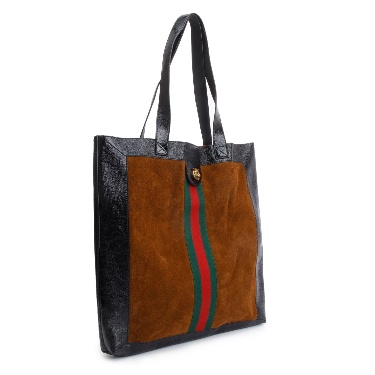 Gucci Brown Suede Black Patent Leather Trim Web Large Soft Ophidia Vertical Tote