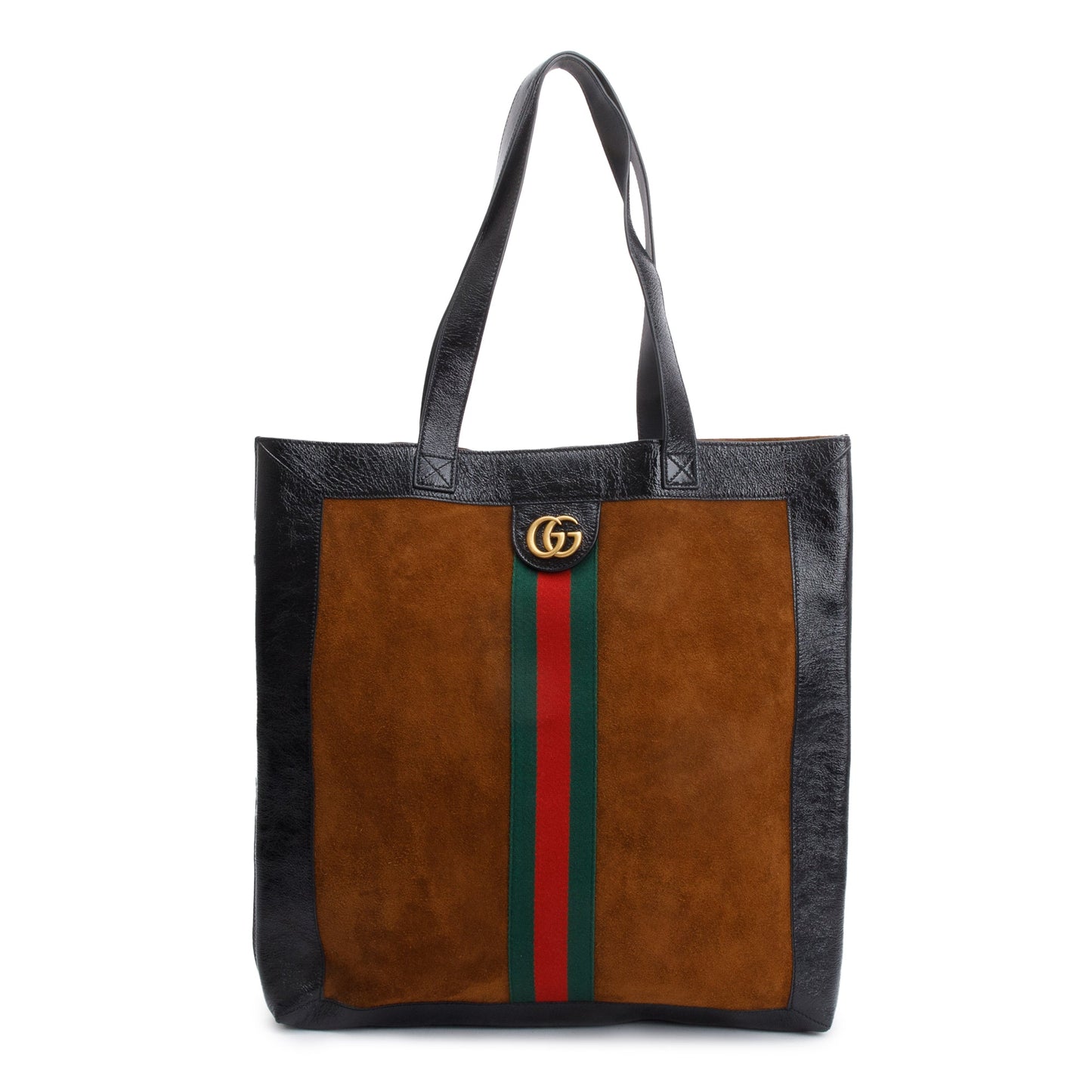 Gucci Brown Suede Black Patent Leather Trim Web Large Soft Ophidia Vertical Tote