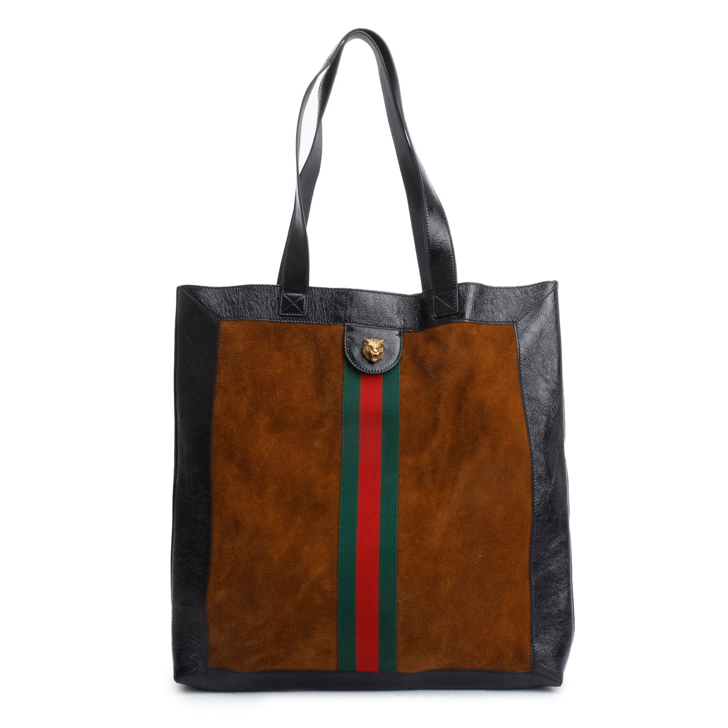 Gucci Brown Suede Black Patent Leather Trim Web Large Soft Ophidia Vertical Tote
