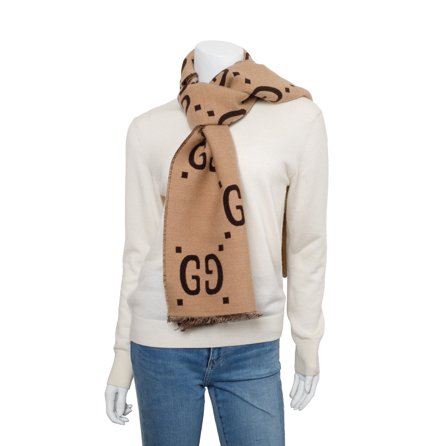 Gucci Brown/Beige GG Jacquard Wool Silk Scarf