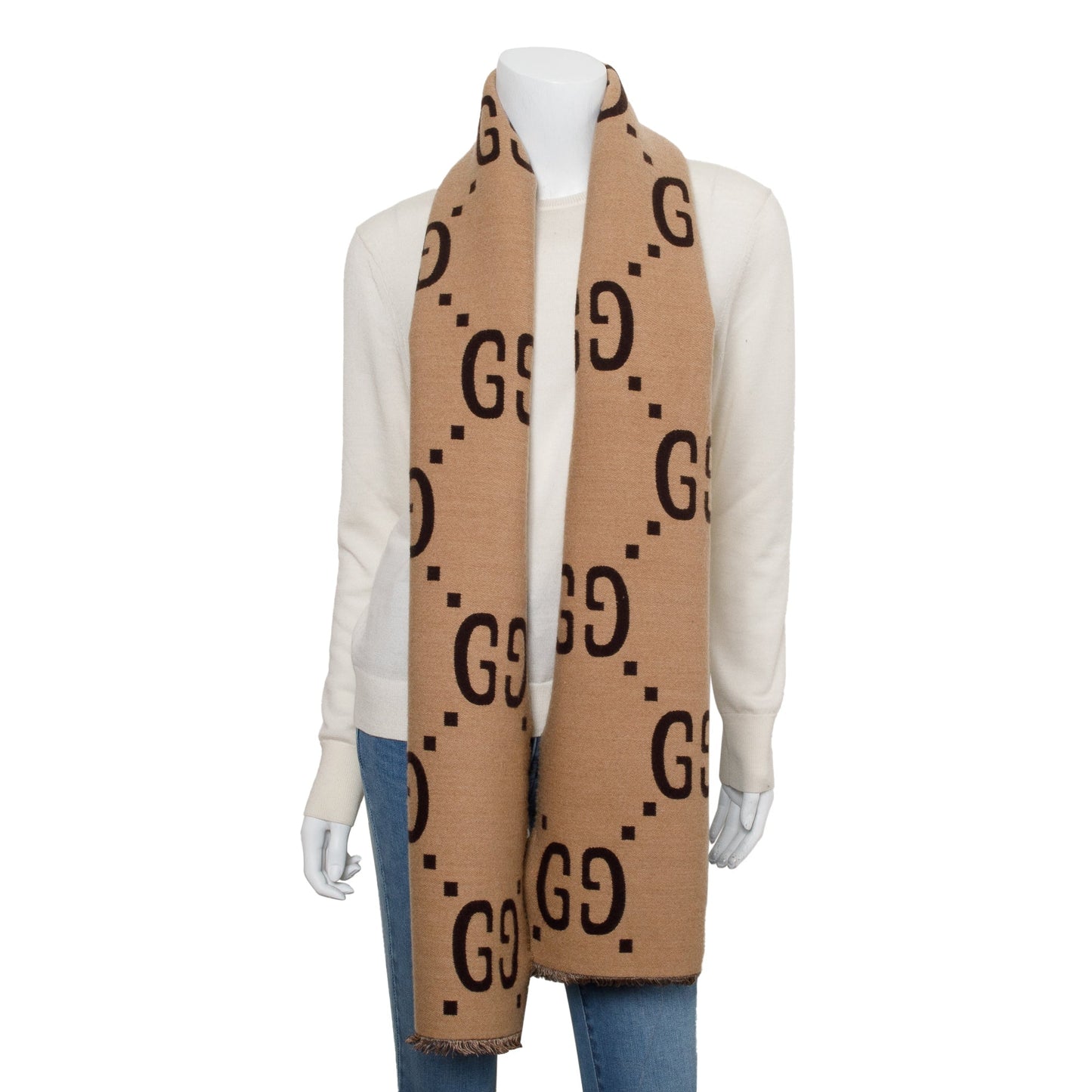 Gucci Brown/Beige GG Jacquard Wool Silk Scarf
