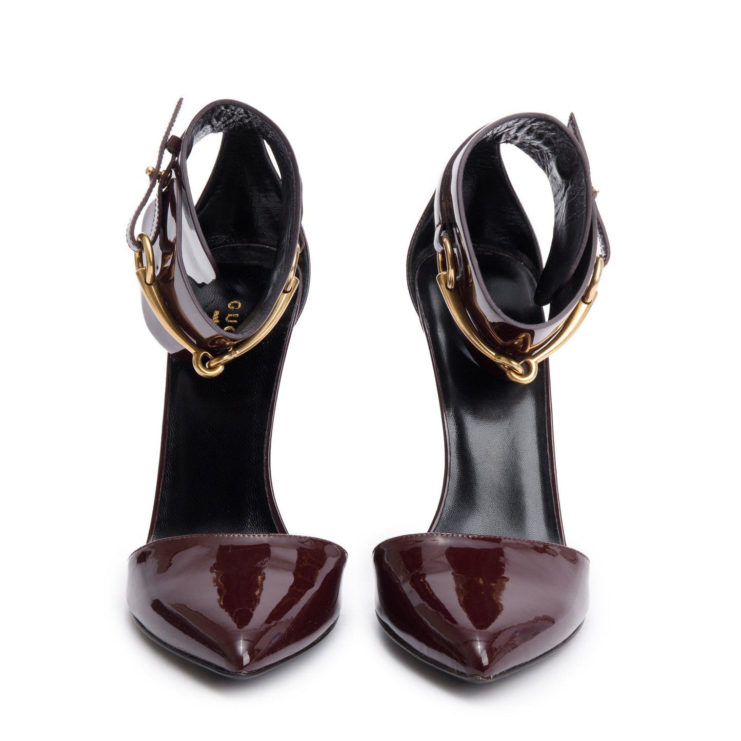 Gucci Burgundy Patent Leather Horsebit Accent Ursula Ankle Wrap Pumps, Size 38