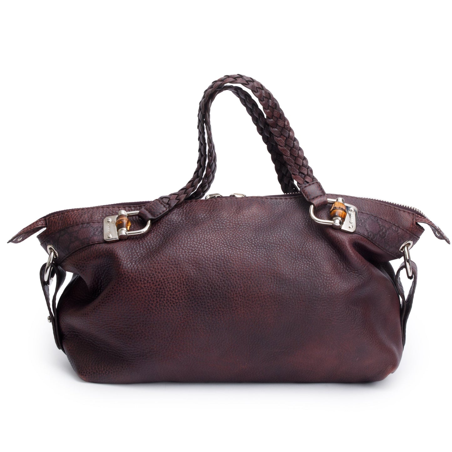 Gucci Burgundy Pebbled Calfskin Leather Medium Bamboo Bar Tote