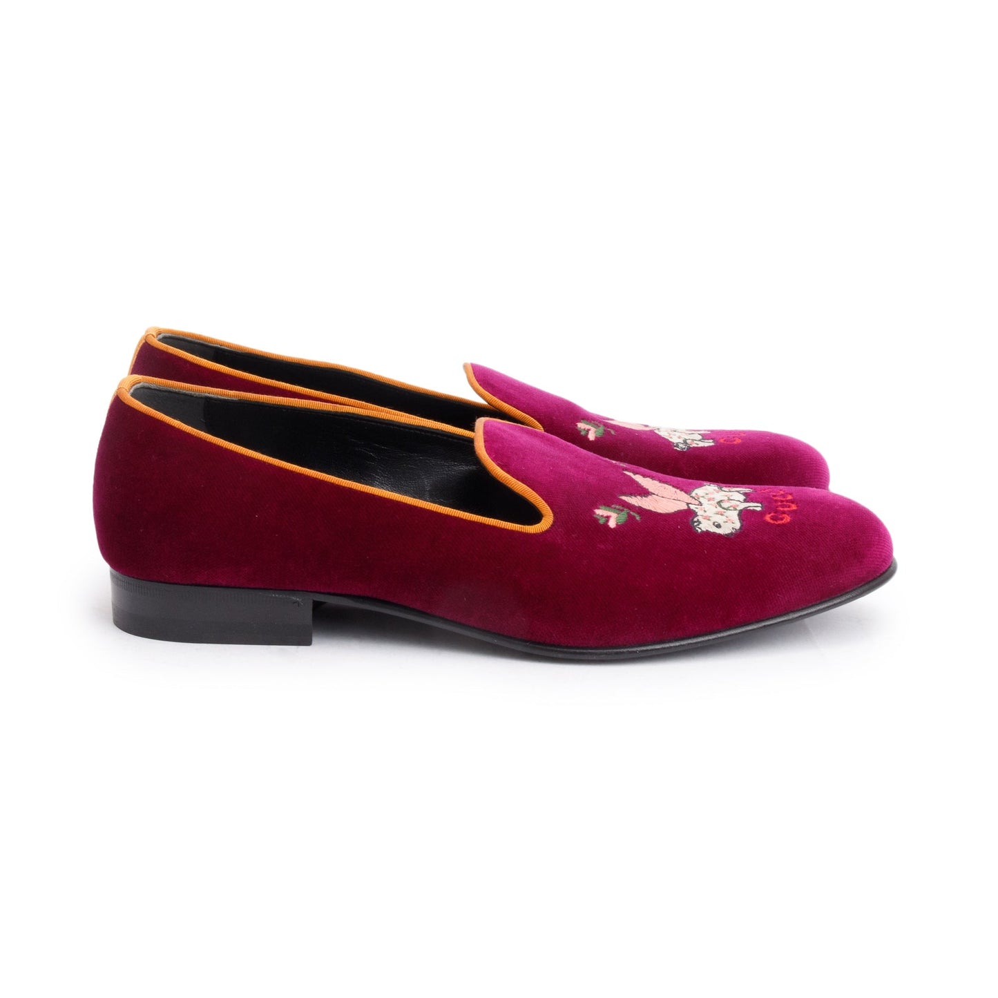 Gucci Burgundy Velvet Flying Pig Embroidered Accent Mens Loafers, Size 7