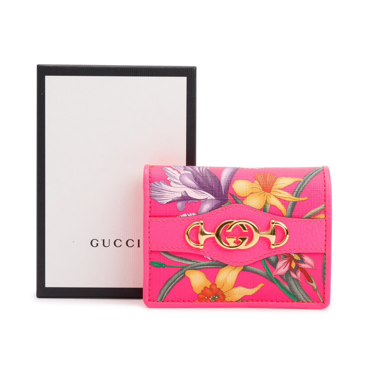Gucci Calfskin Fuxia Fluo Flora Print Zumi Card Case