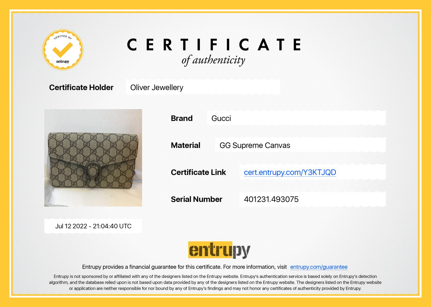 Gucci Dionysus GG Supreme Wallet on Chain