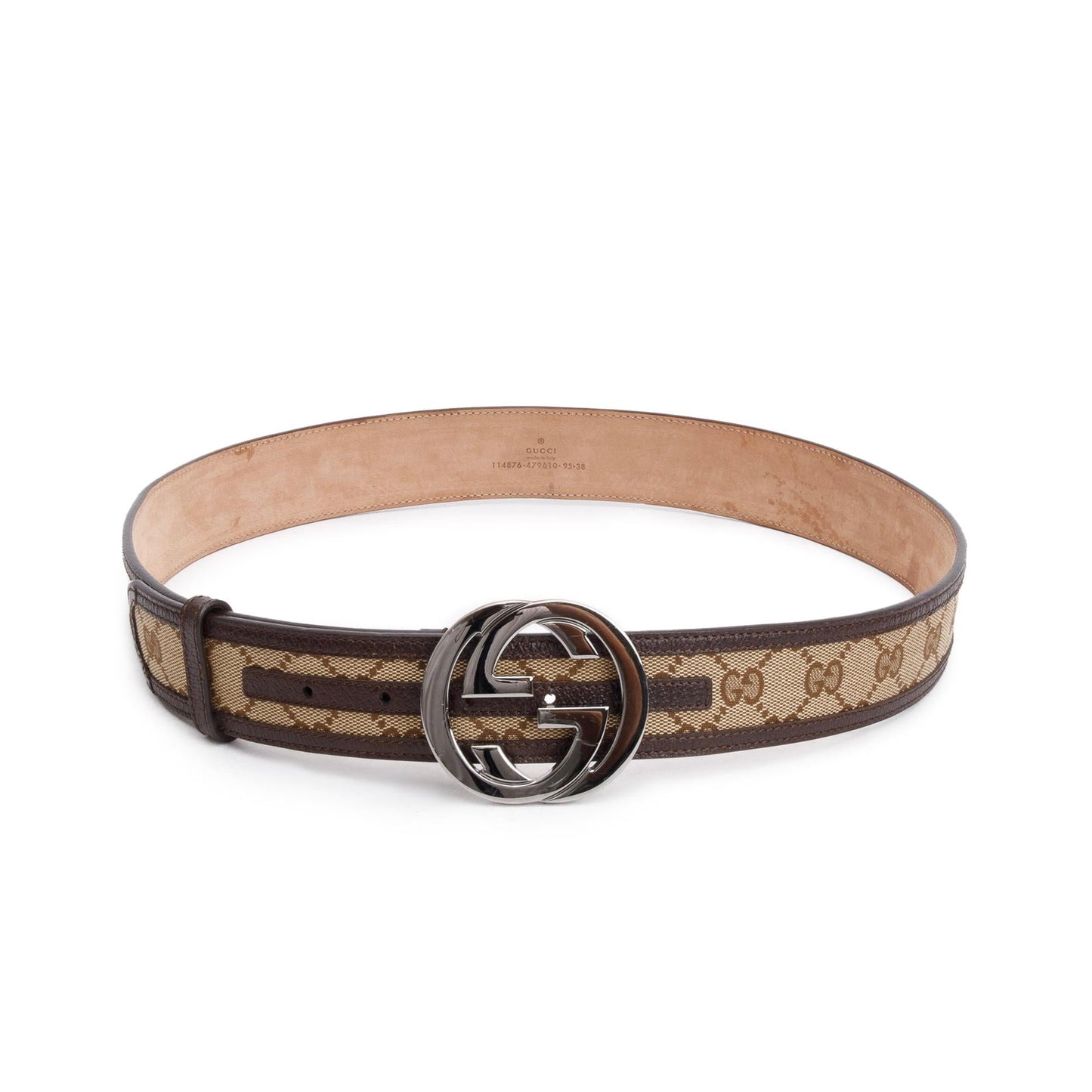 Gucci GG Canvas & Brown Leather Belt With Interlocking G Buckle 95 38