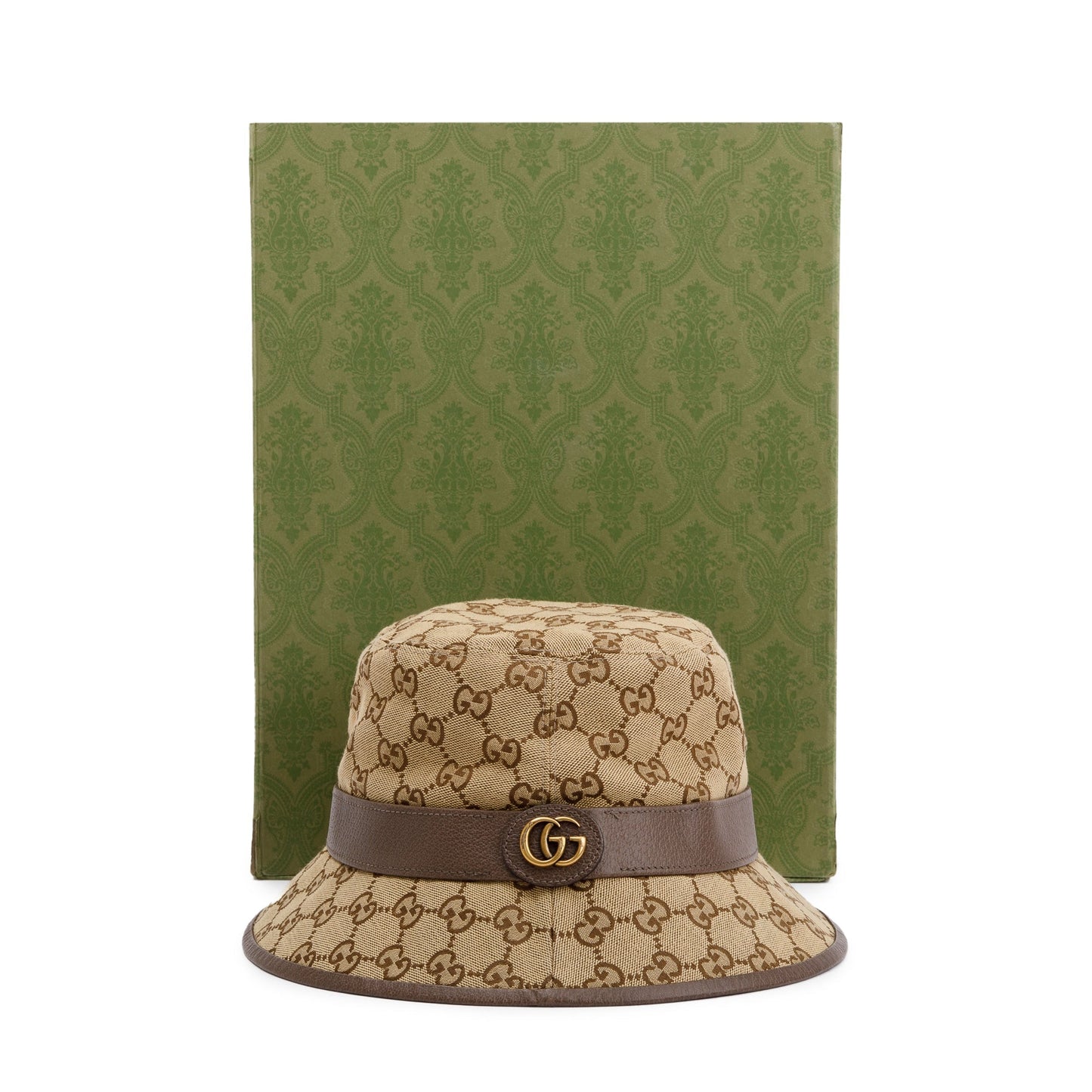 Gucci GG Canvas Brown Leather Bucket Hat with Web, Size M 58