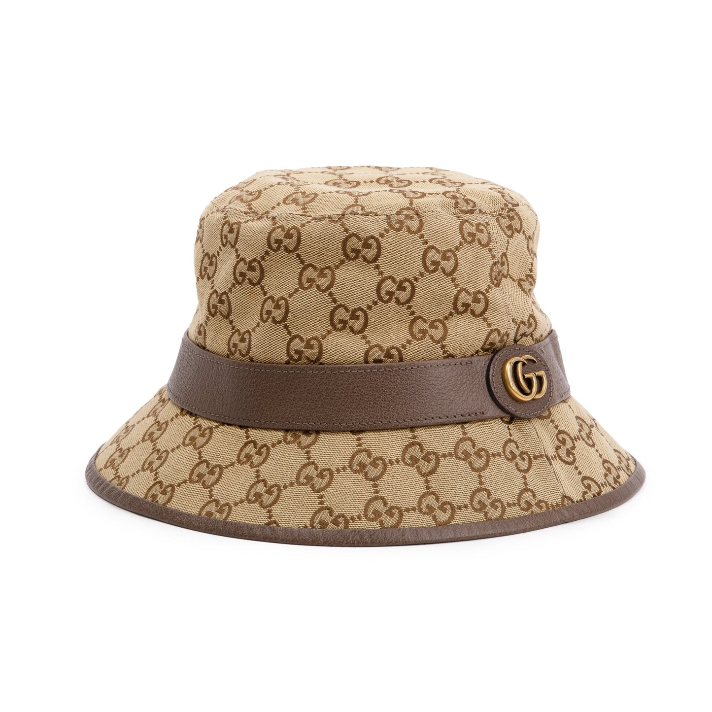 Gucci GG Canvas Brown Leather Bucket Hat with Web, Size M 58