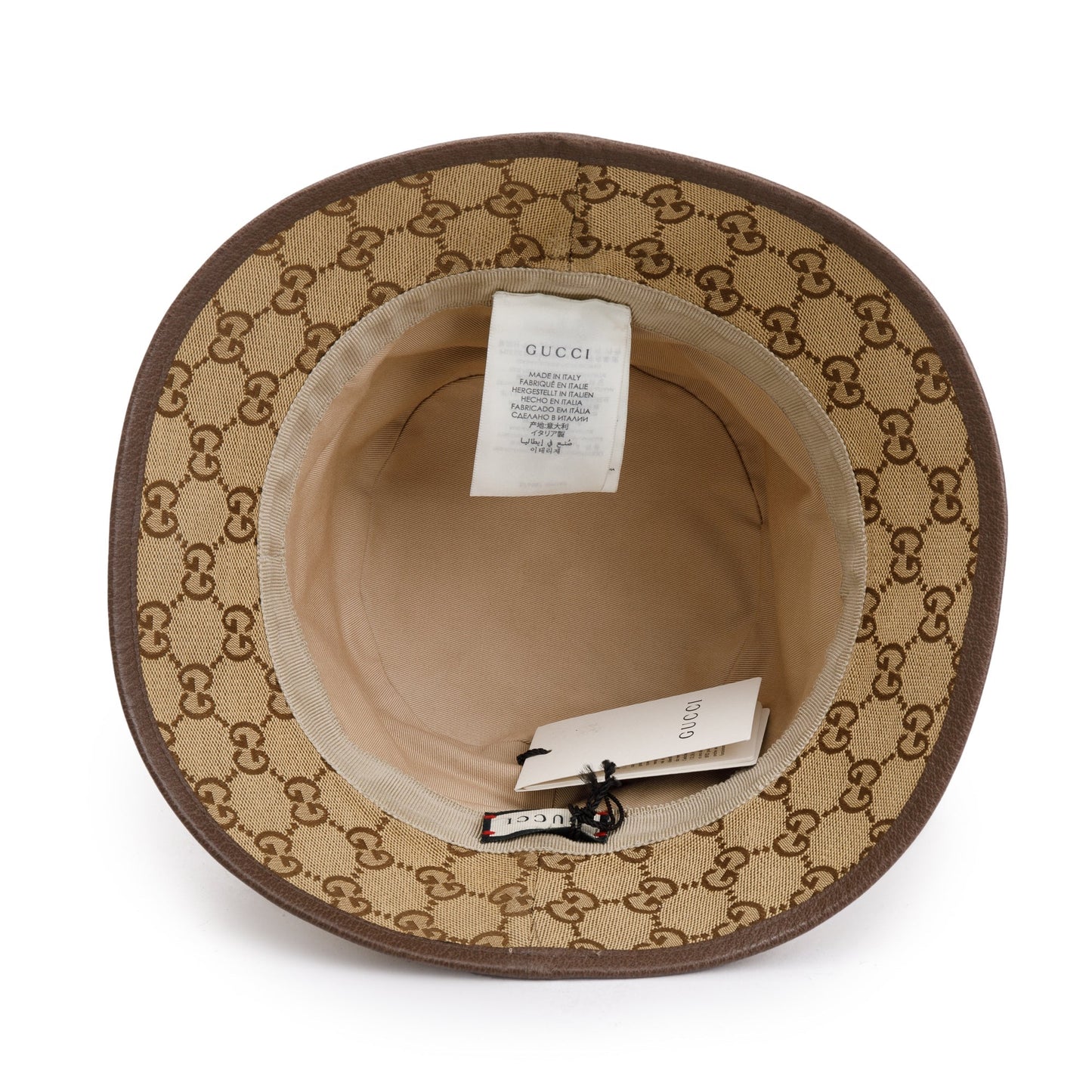 Gucci GG Canvas Brown Leather Bucket Hat with Web, Size M 58