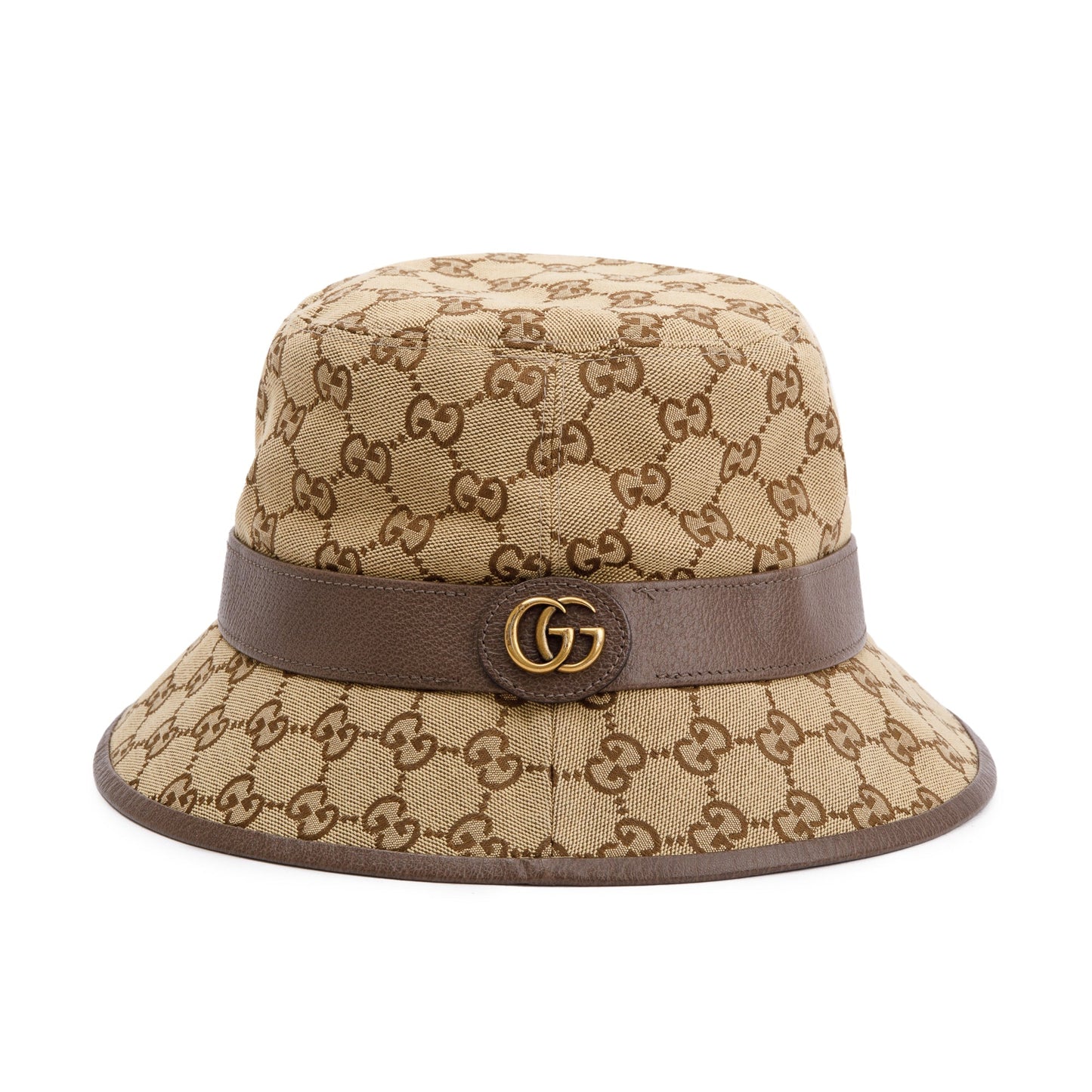 Gucci GG Canvas Brown Leather Bucket Hat with Web, Size M 58