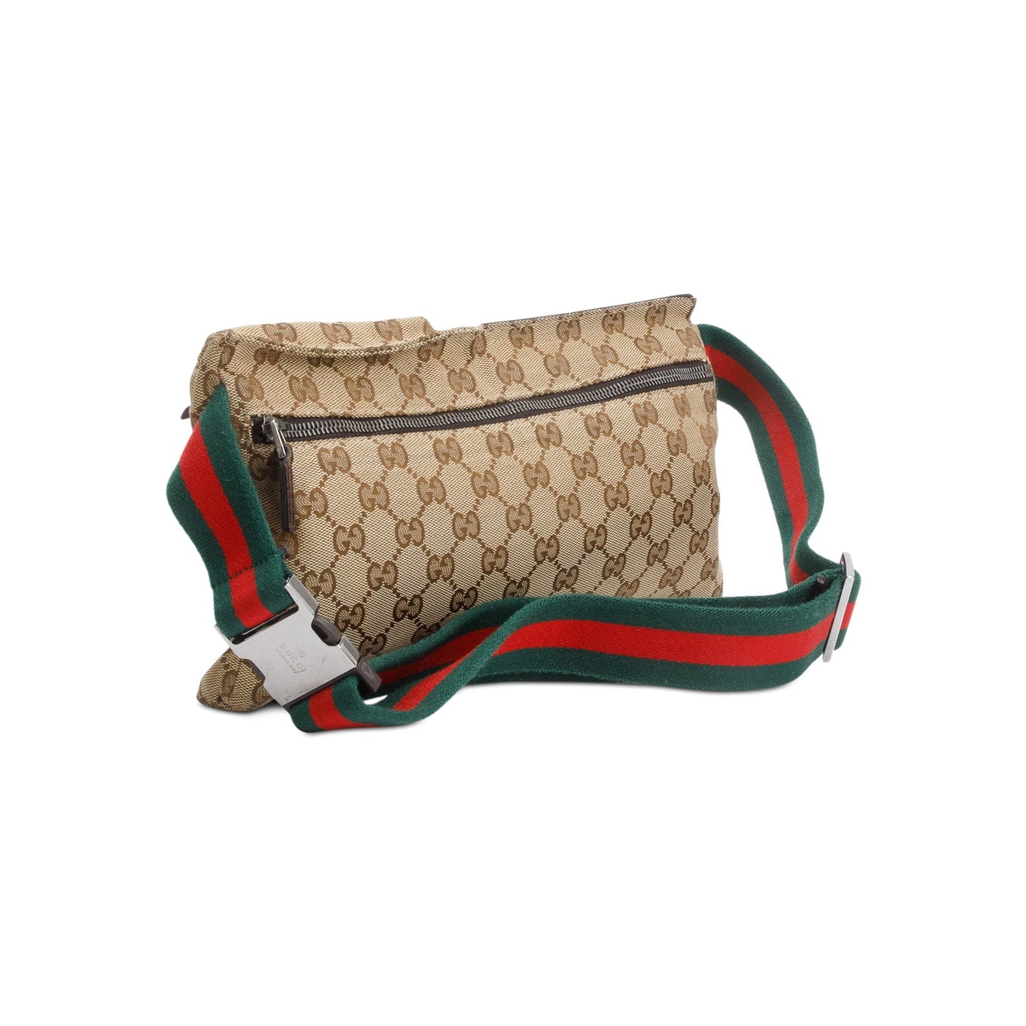 Gucci GG Canvas Brown Leather Trim Double Pocket Belt Bag