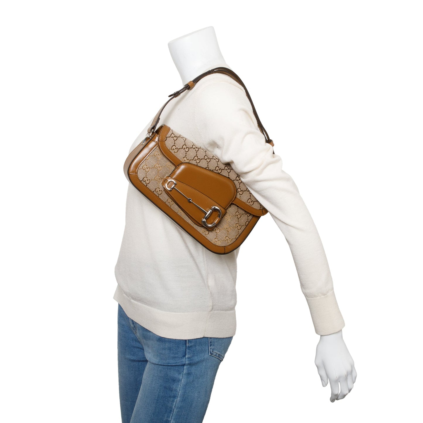 Gucci GG Canvas Brown Leather Trim Horsebit 1955 Small Shoulder Bag
