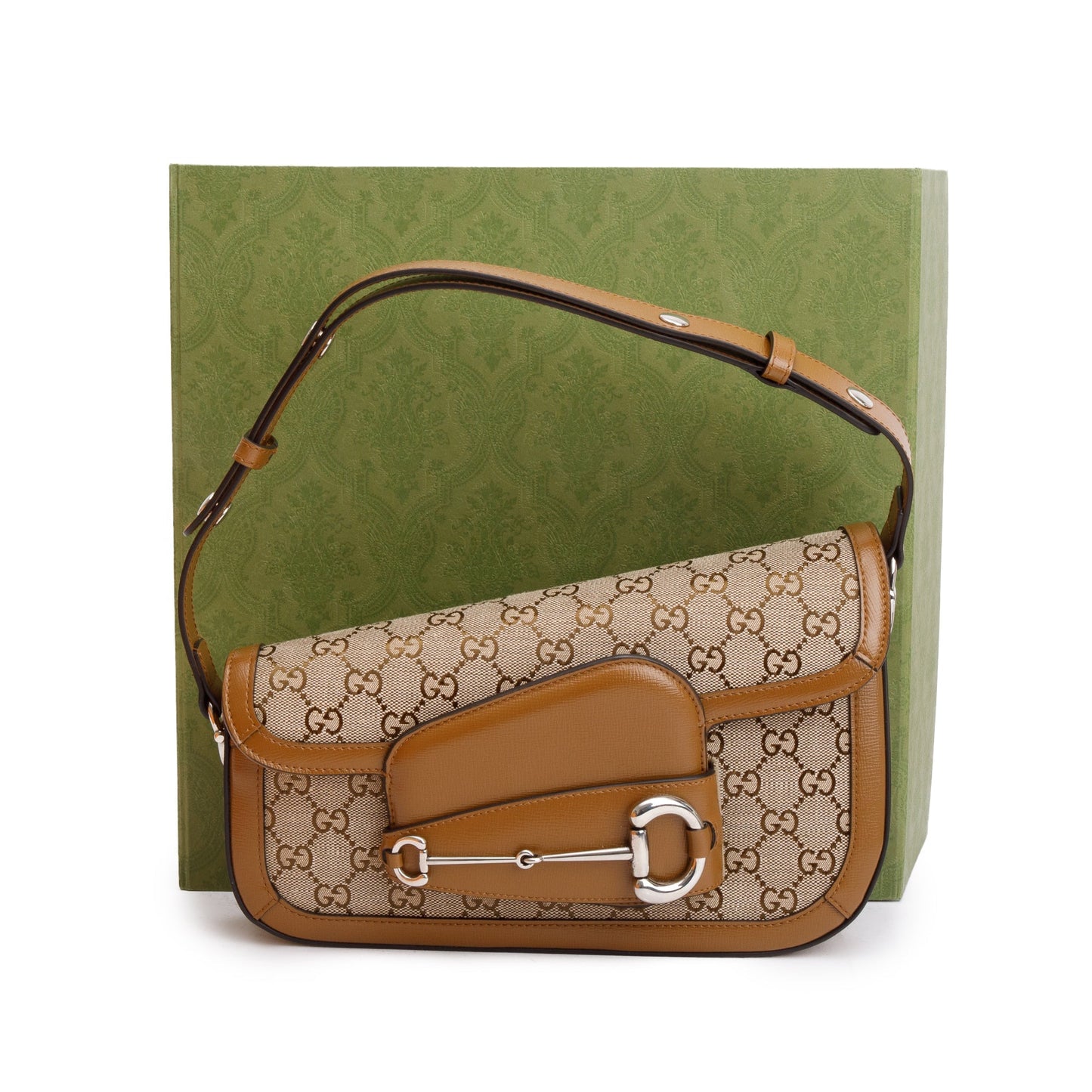 Gucci GG Canvas Brown Leather Trim Horsebit 1955 Small Shoulder Bag