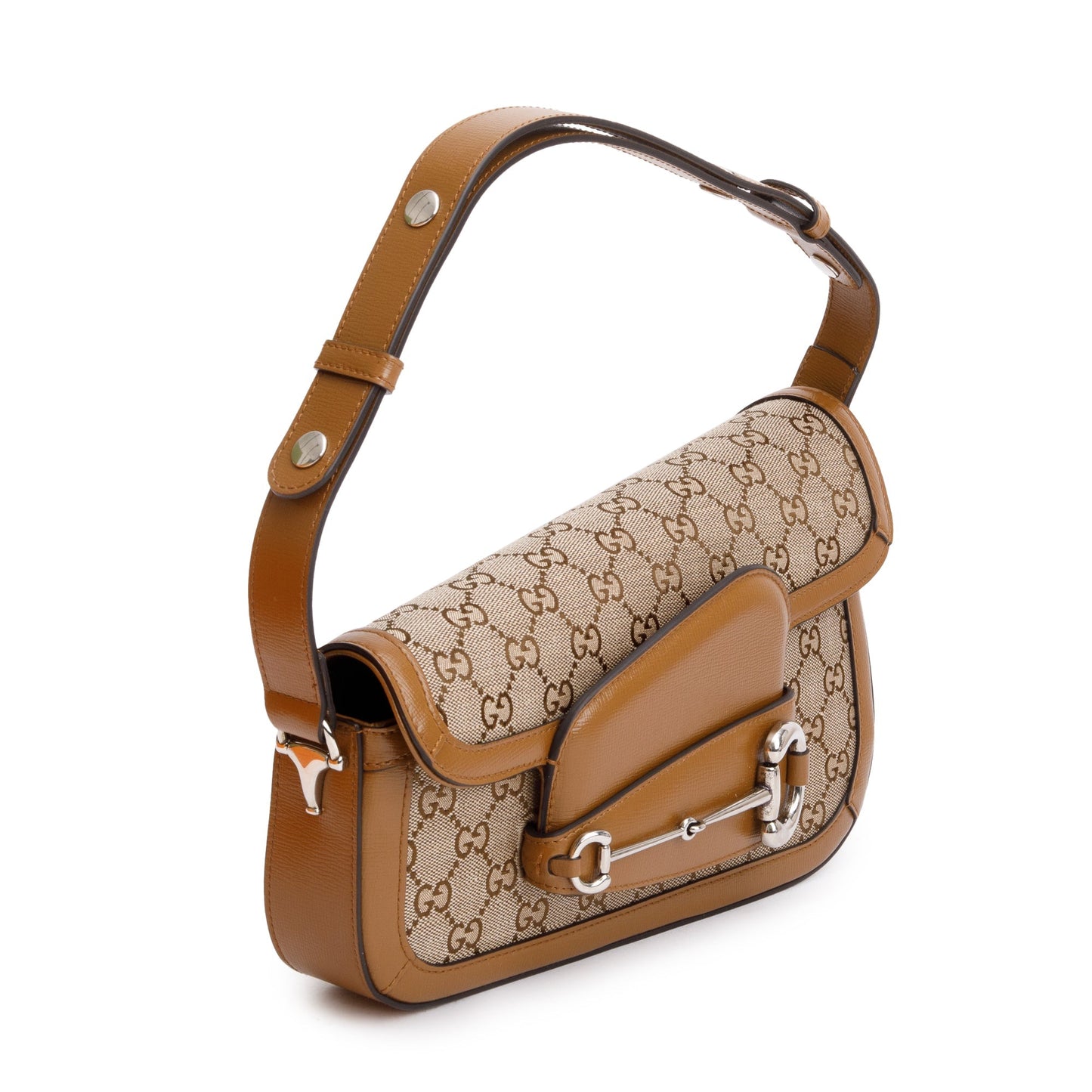 Gucci GG Canvas Brown Leather Trim Horsebit 1955 Small Shoulder Bag