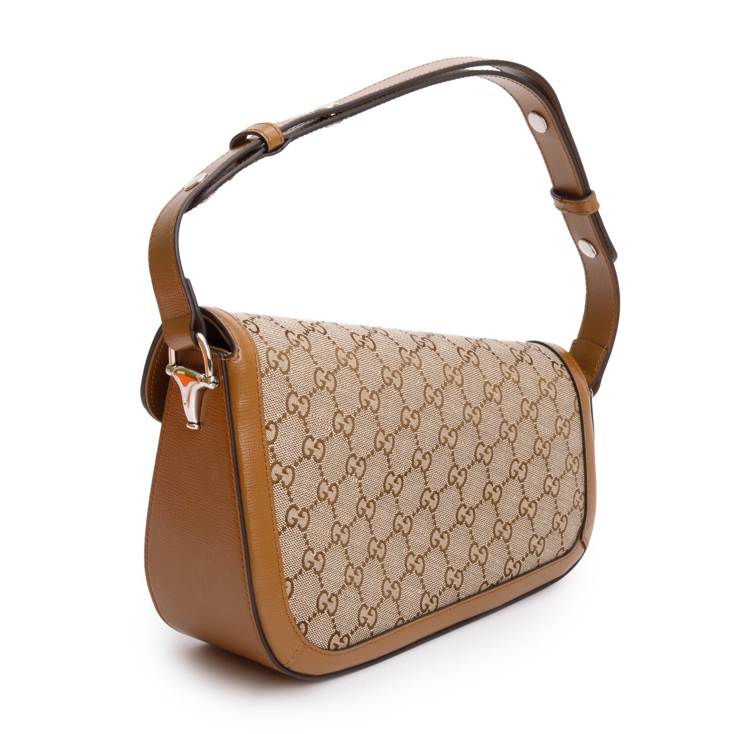 Gucci GG Canvas Brown Leather Trim Horsebit 1955 Small Shoulder Bag