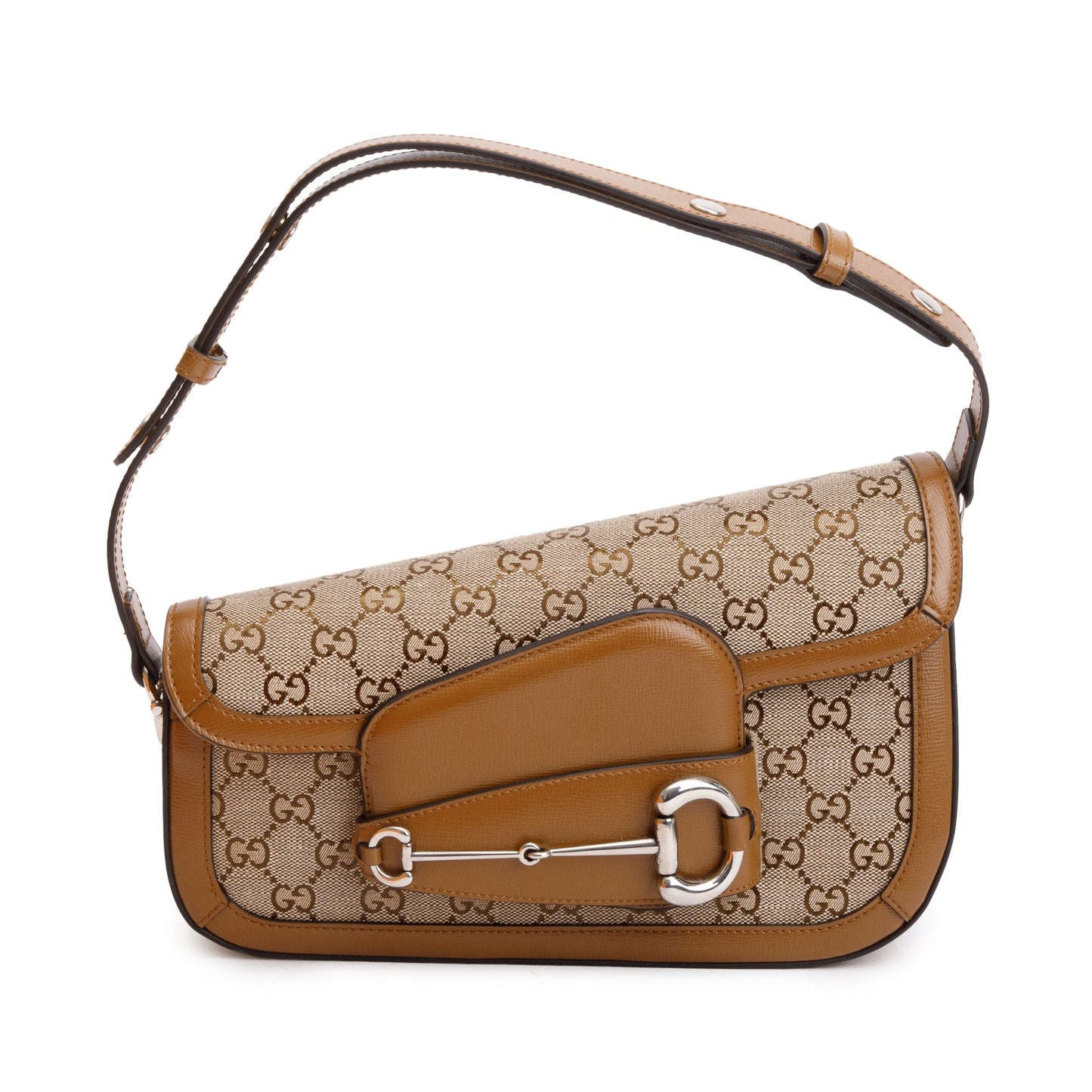 Gucci GG Canvas Brown Leather Trim Horsebit 1955 Small Shoulder Bag