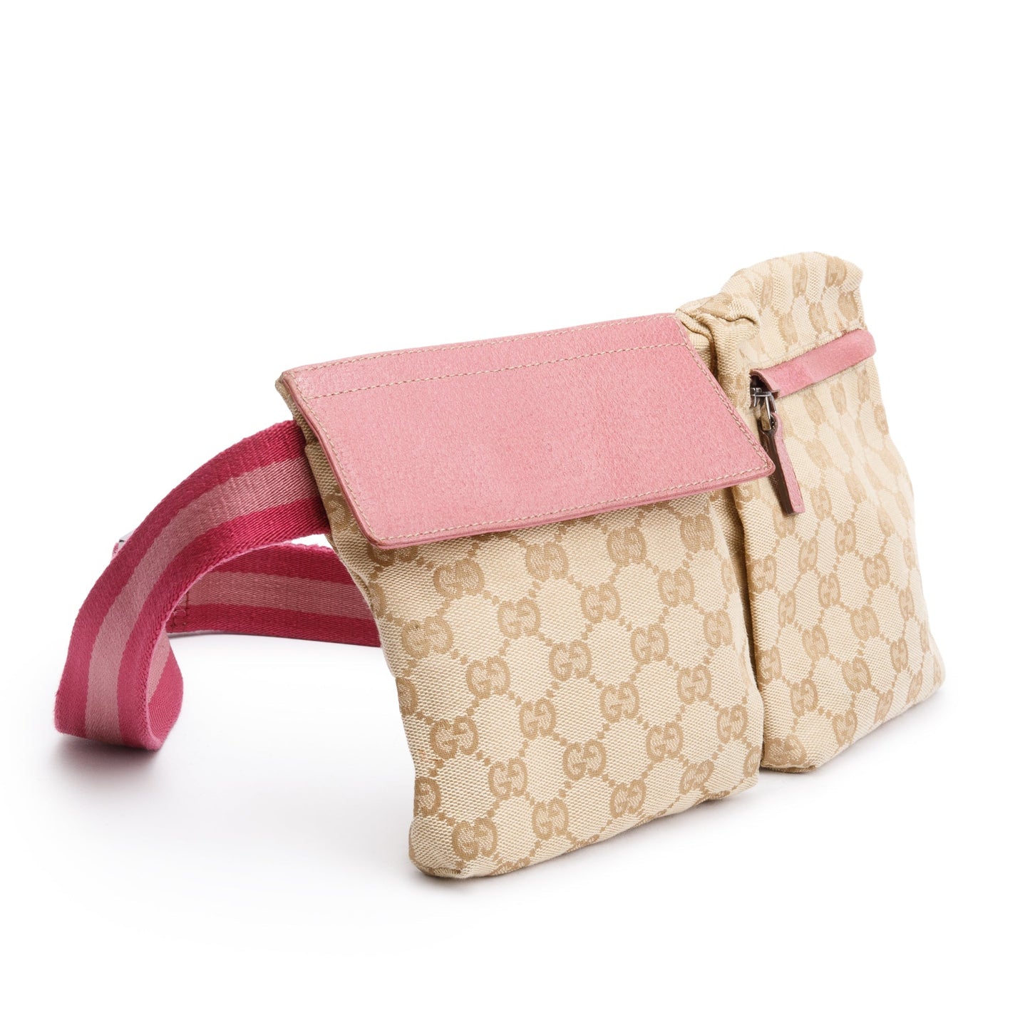 Gucci GG Canvas Pink Leather Trim Double Pocket Belt Bag