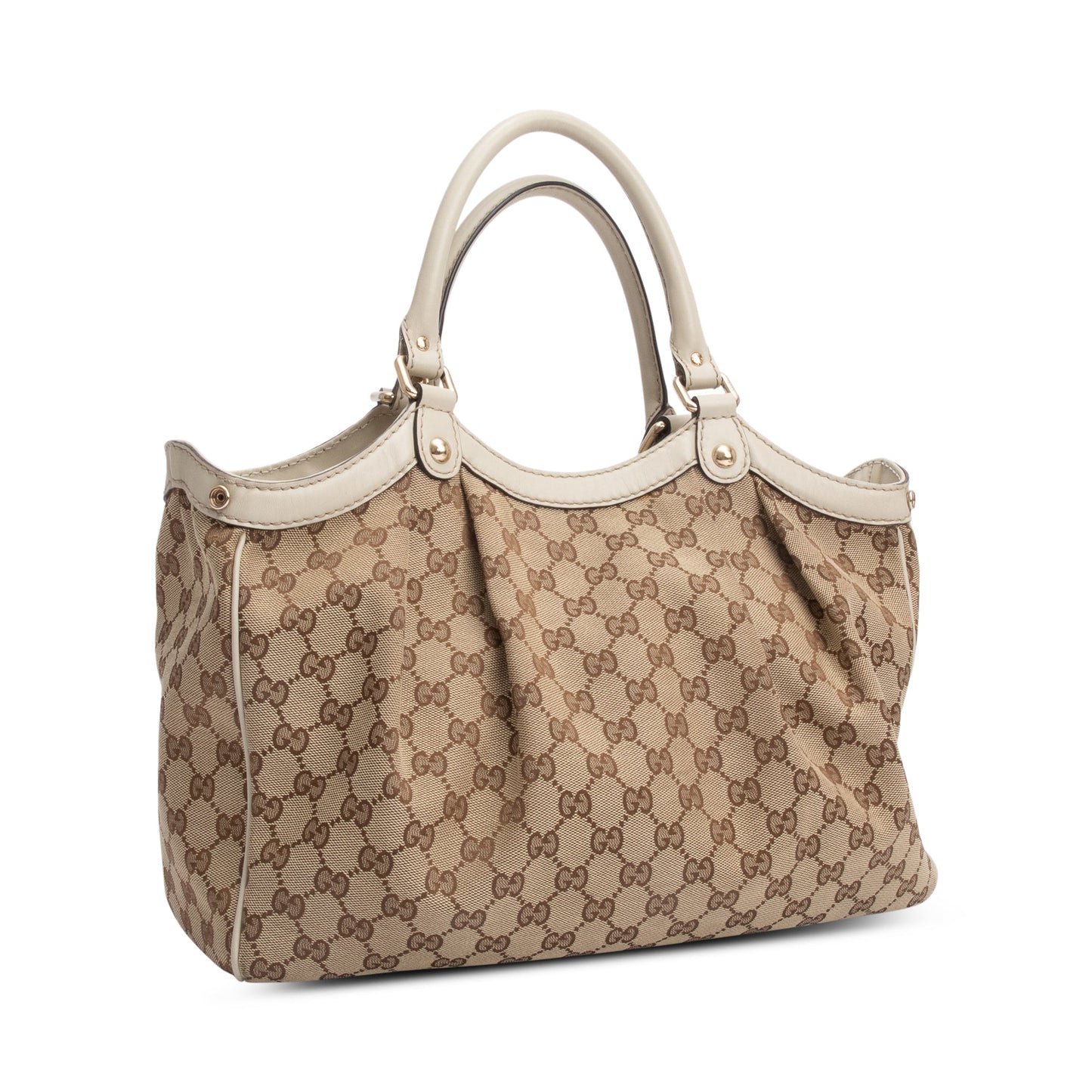 Gucci GG Canvas White Leather Trim Medium Sukey Tote