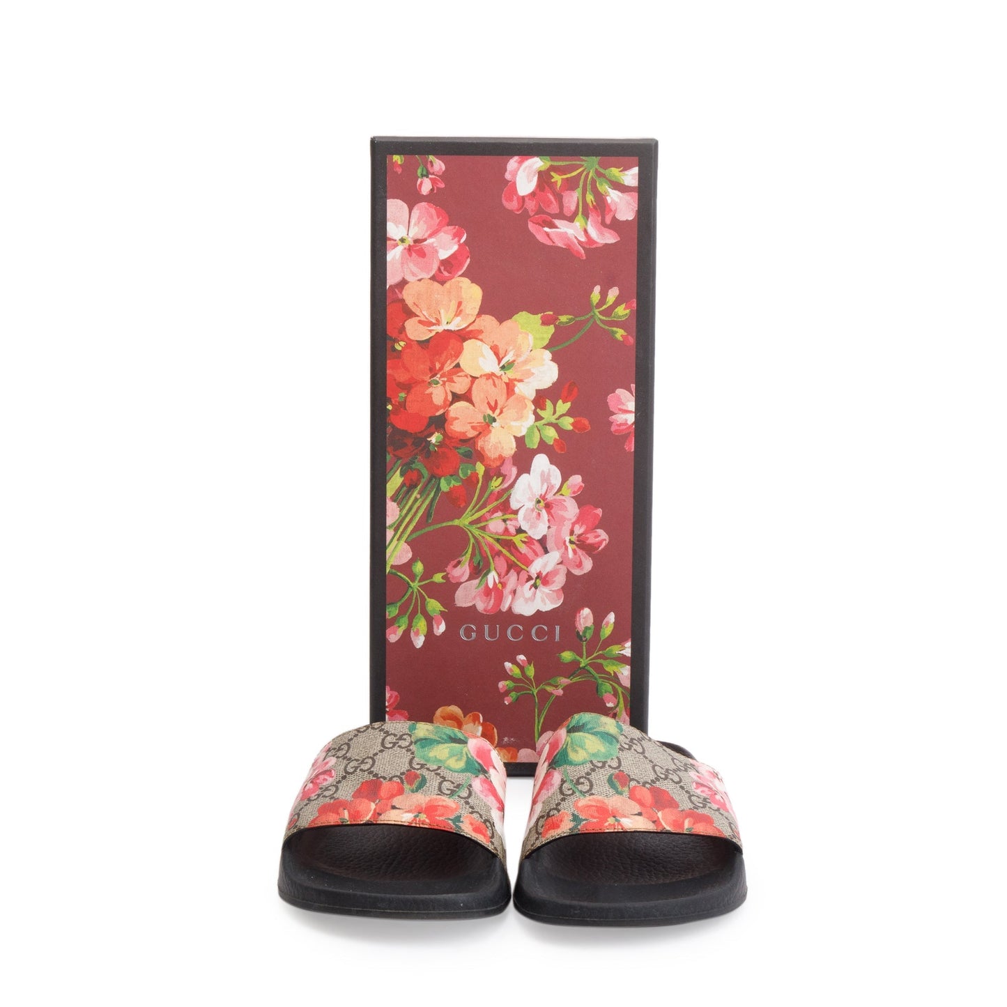 Gucci GG Supreme Blooms Canvas Black Rubber Slide Sandals, Size 37
