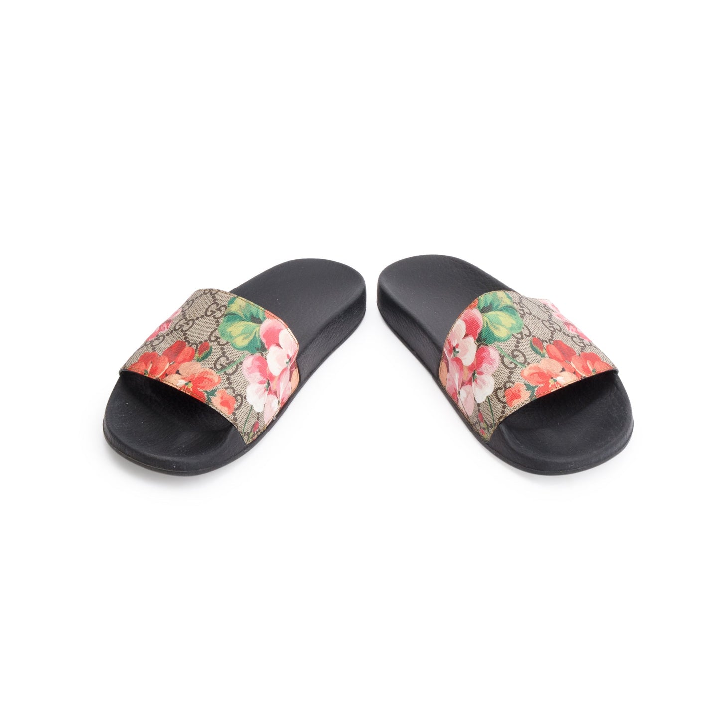 Gucci GG Supreme Blooms Canvas Black Rubber Slide Sandals, Size 37