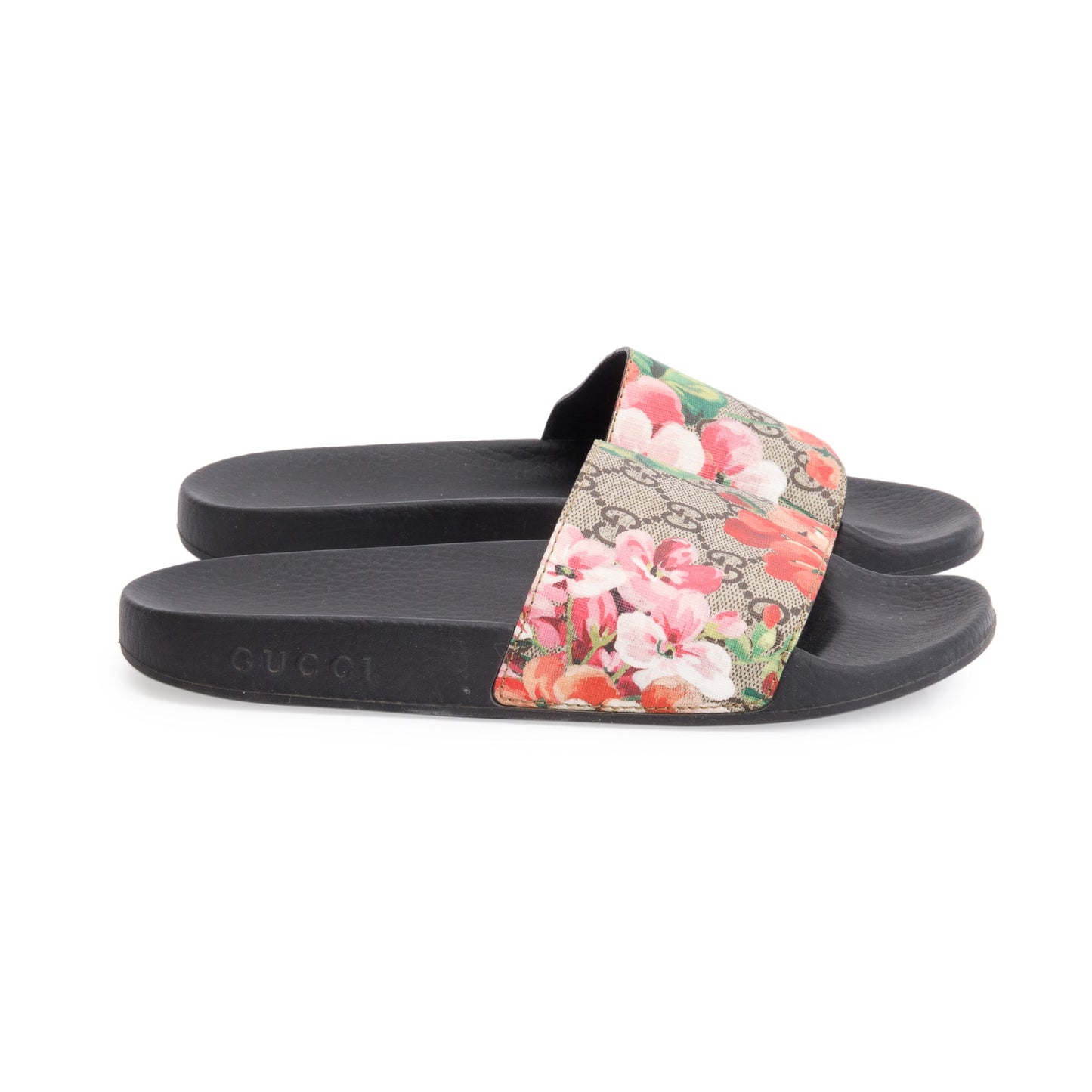 Gucci GG Supreme Blooms Canvas Black Rubber Slide Sandals, Size 37