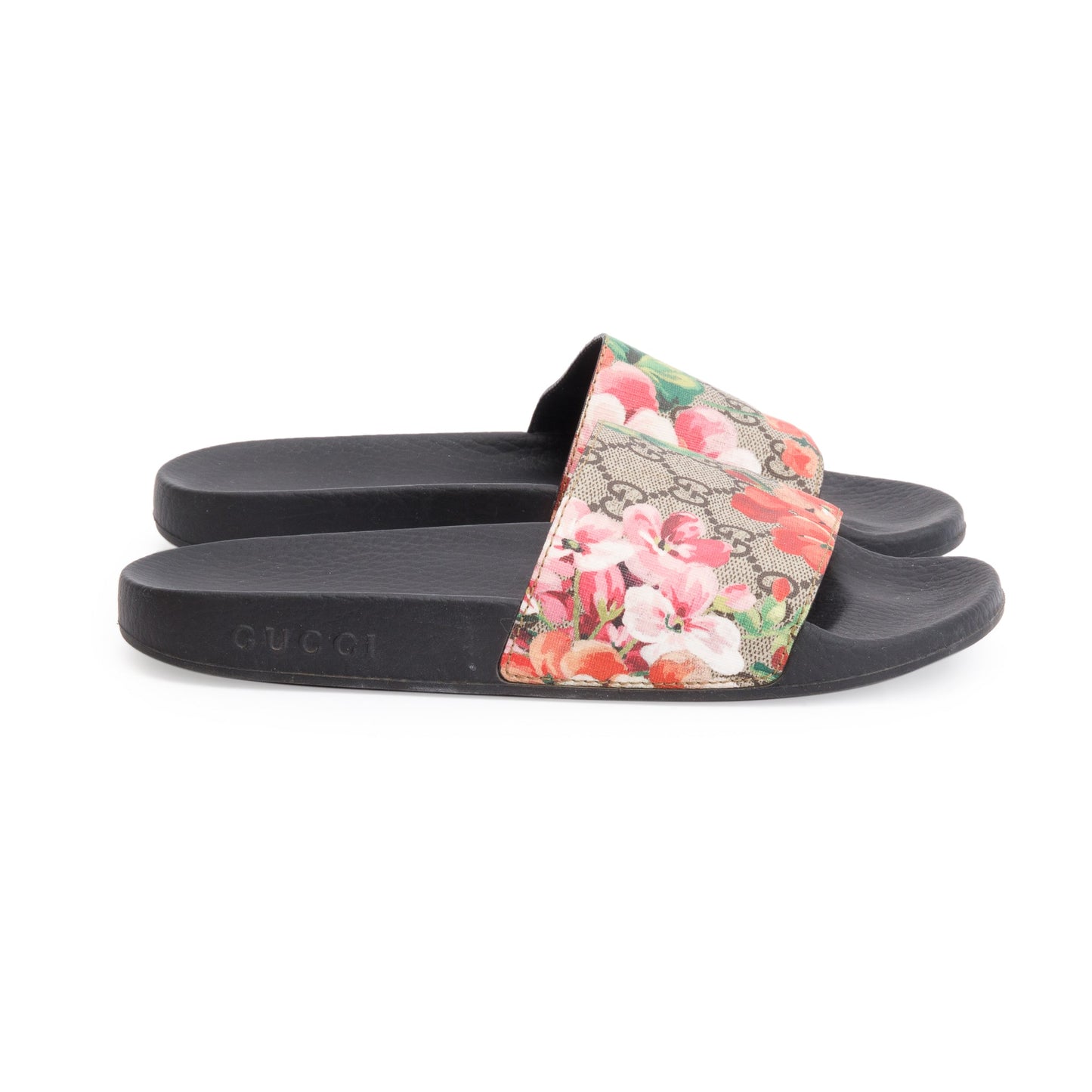 Gucci GG Supreme Blooms Canvas Black Rubber Slide Sandals, Size 37