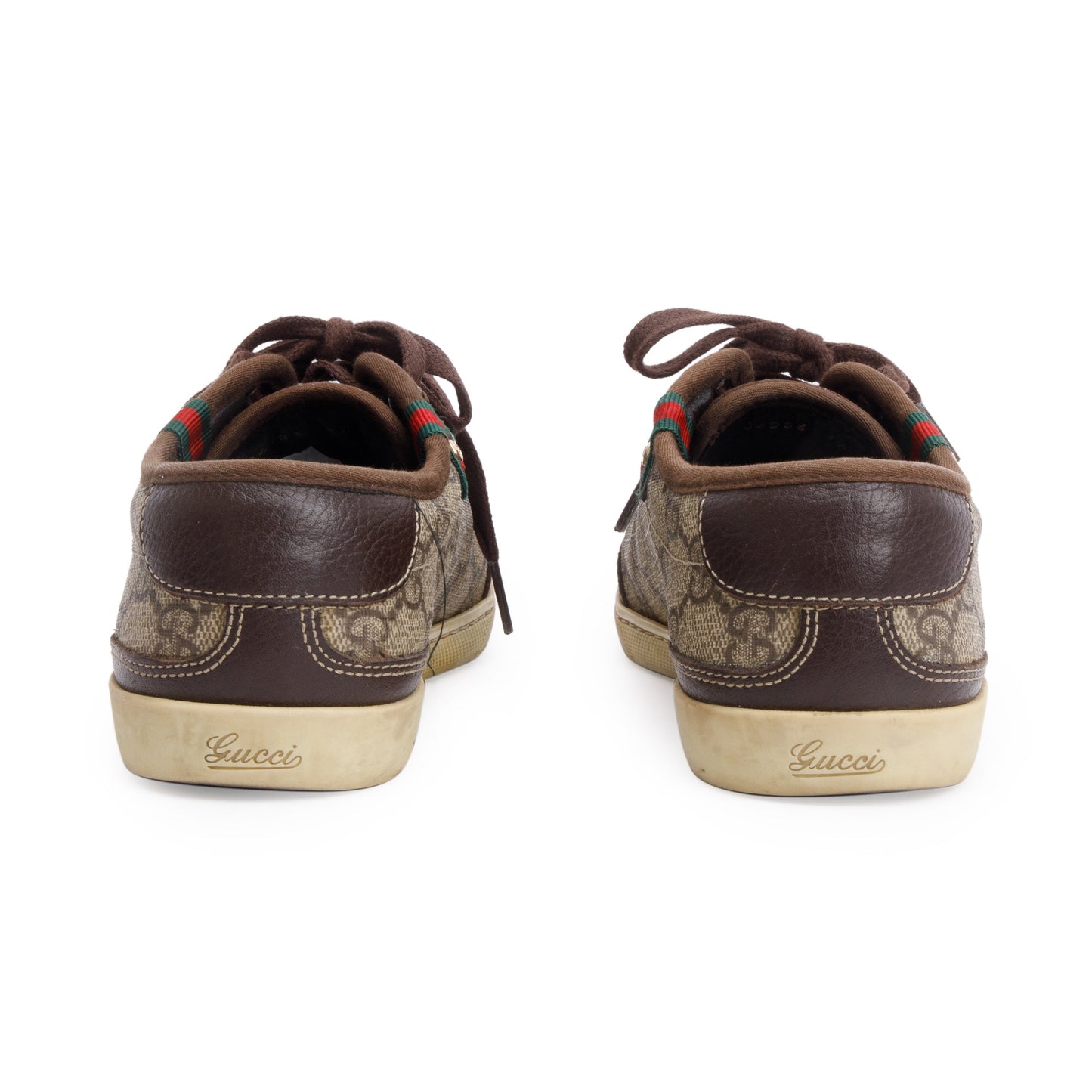 Gucci GG Supreme Brown Leather Trim Web Low Top Sneakers, Size 36