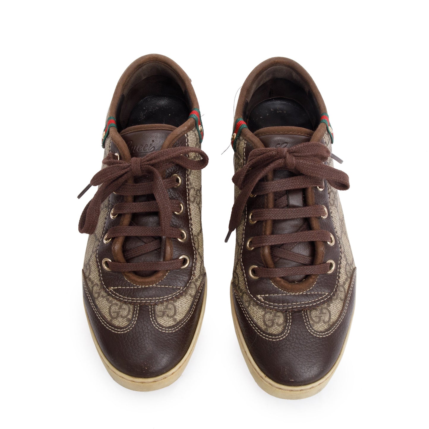 Gucci GG Supreme Brown Leather Trim Web Low Top Sneakers, Size 36