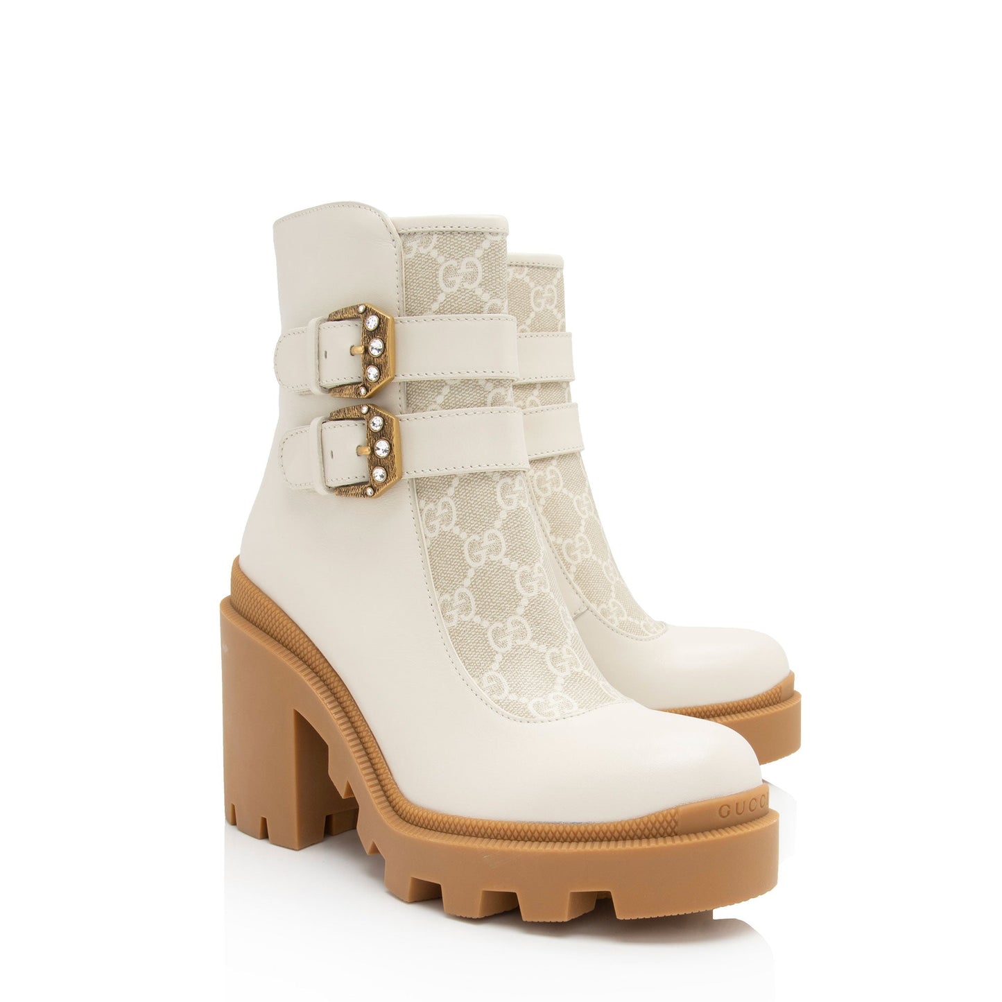 Gucci GG Supreme Calfskin Kensington Double Buckle Ankle Boots - Size 6 / 36 (SHF-A8qD9b)