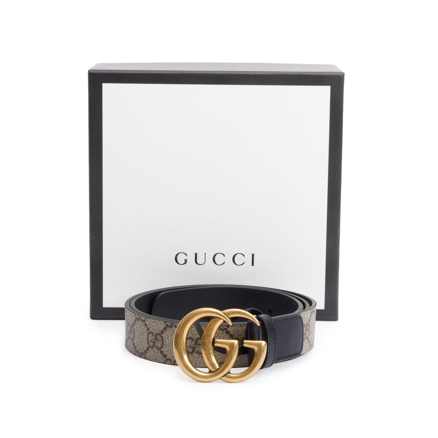 Gucci GG Supreme Canvas Black Calfskin Leather GG Marmont Belt 95 38