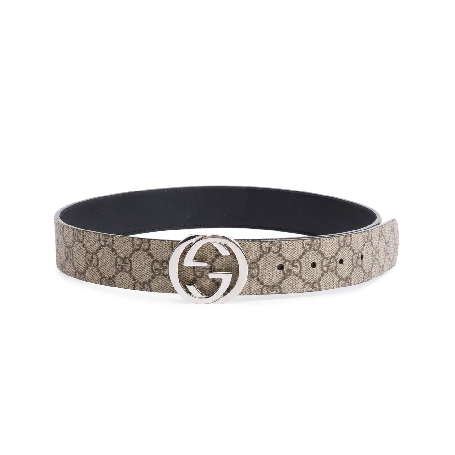 Gucci GG Supreme Canvas Black Calfskin Leather Interlocking Gt Reversible Belt 90 36