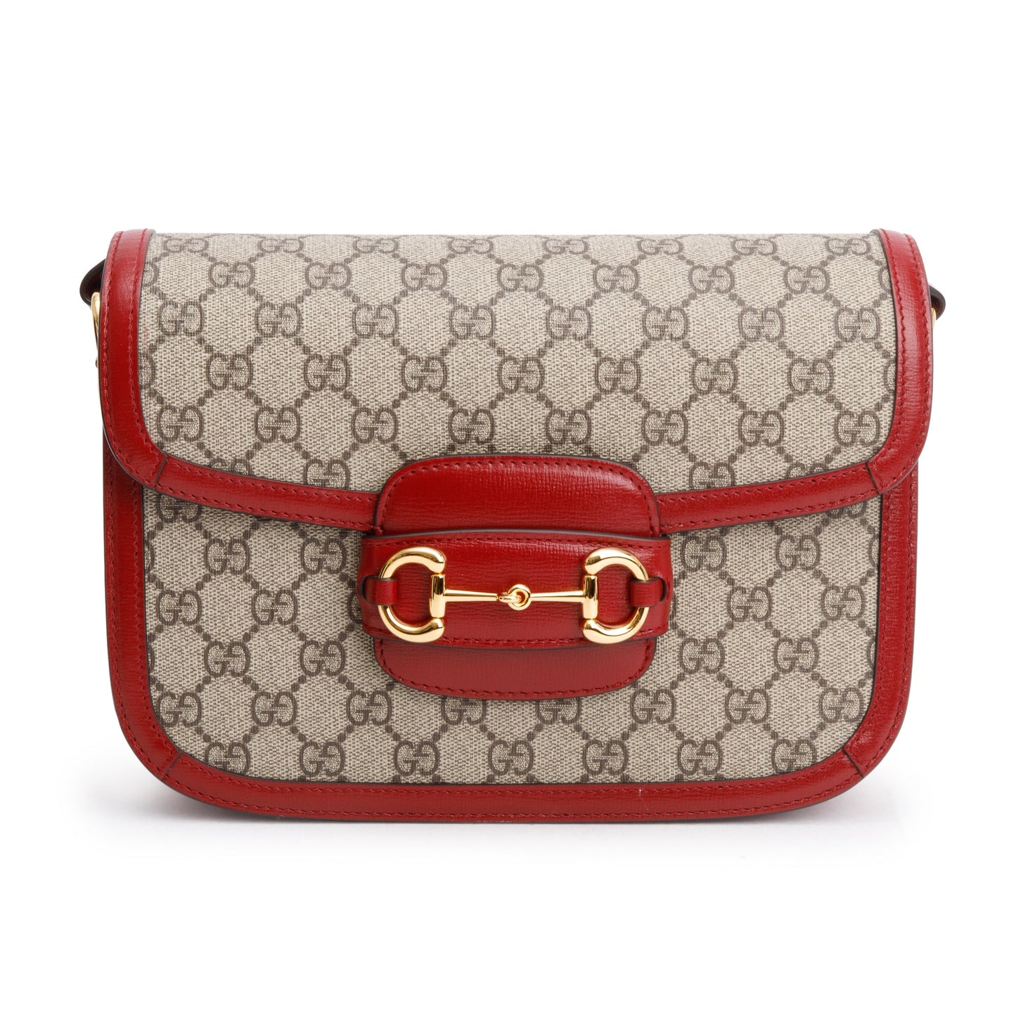 Gucci GG Supreme Canvas Red Leather Trim Horsebit 1955 Small Shoulder Bag