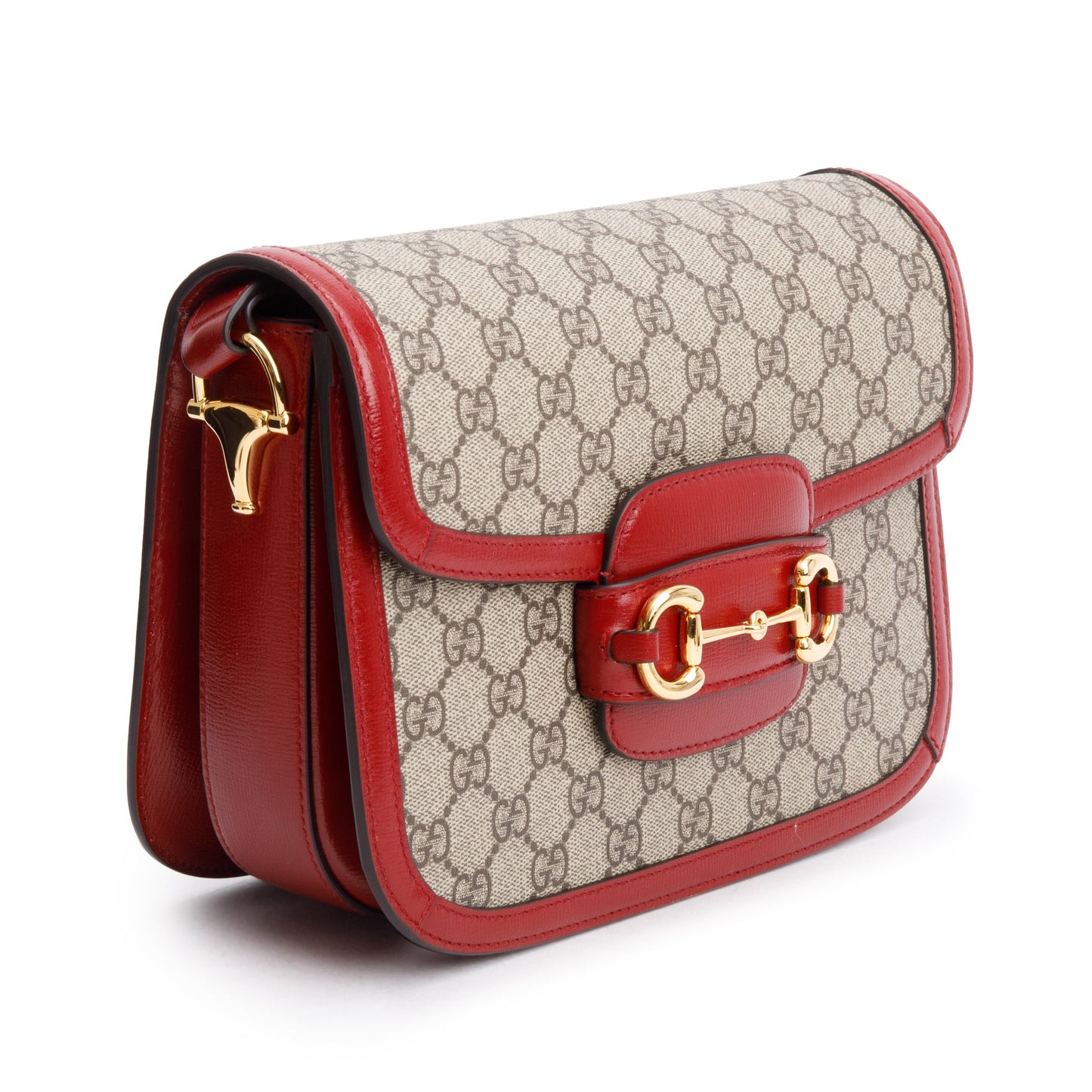 Gucci GG Supreme Canvas Red Leather Trim Horsebit 1955 Small Shoulder Bag